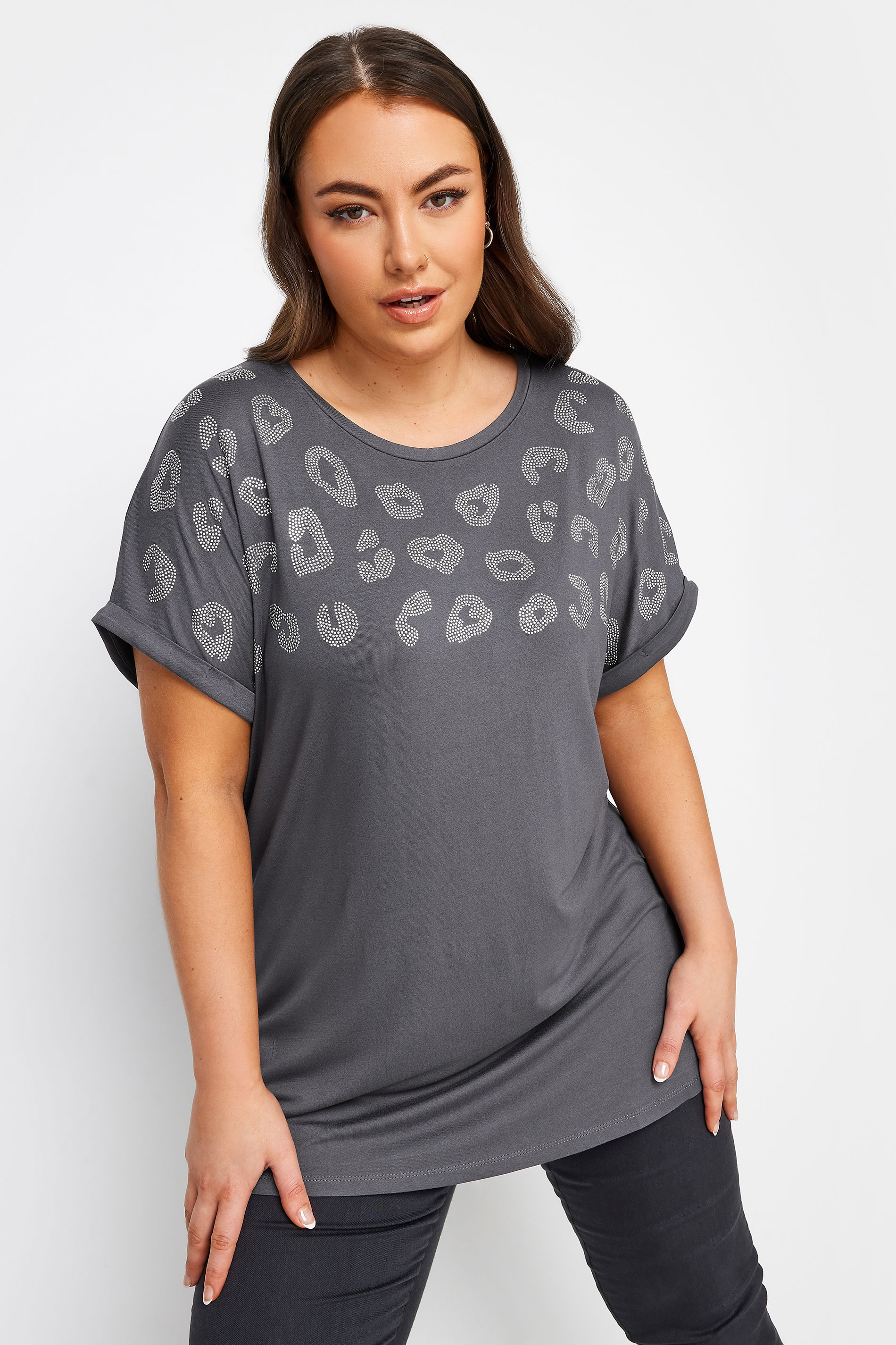 YOURS Plus Size Grey Leopard Print Stud T-Shirt | Yours Clothing 1