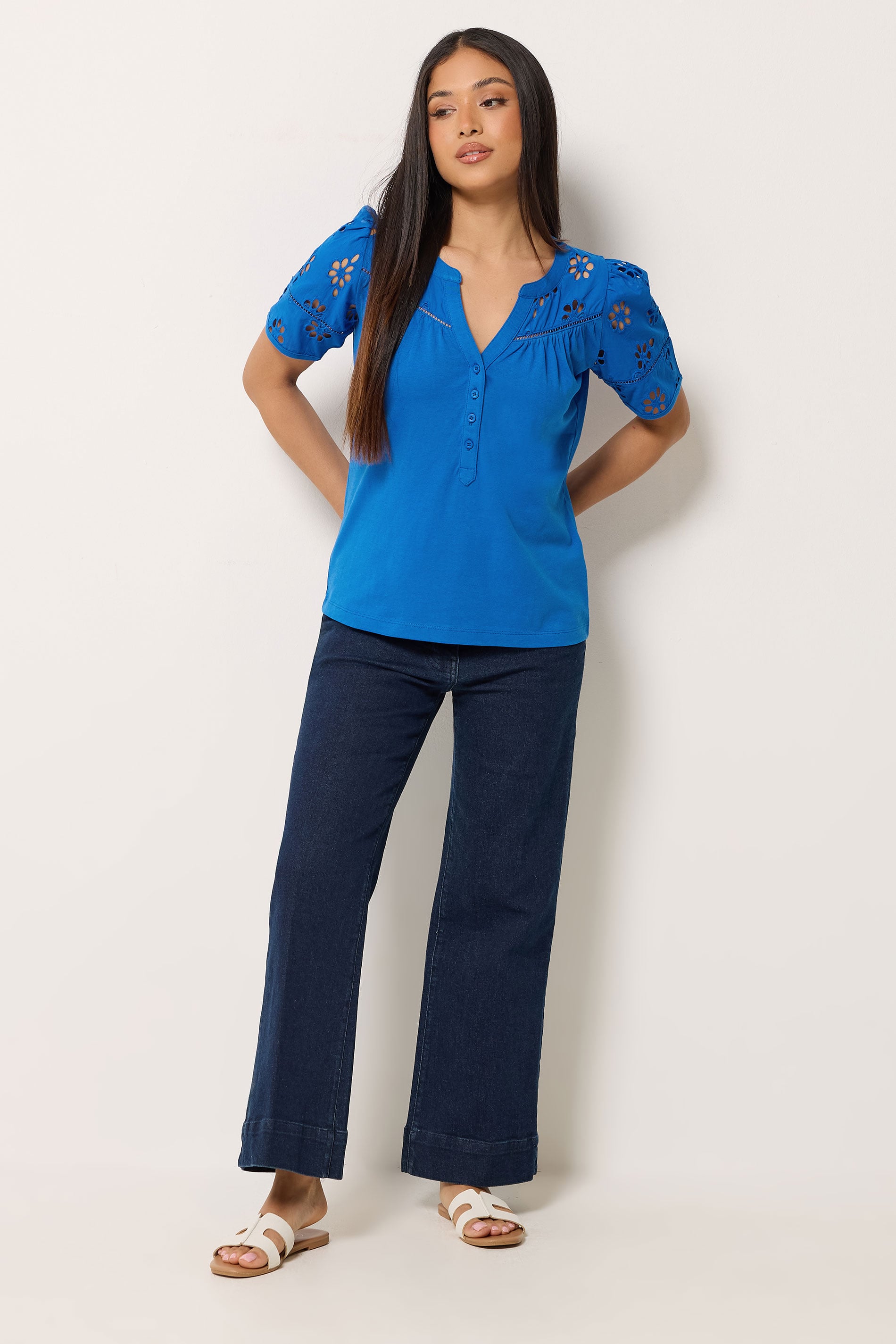 M&Co Petite Cobalt Blue Broderie Cotton T-Shirt | M&Co 1