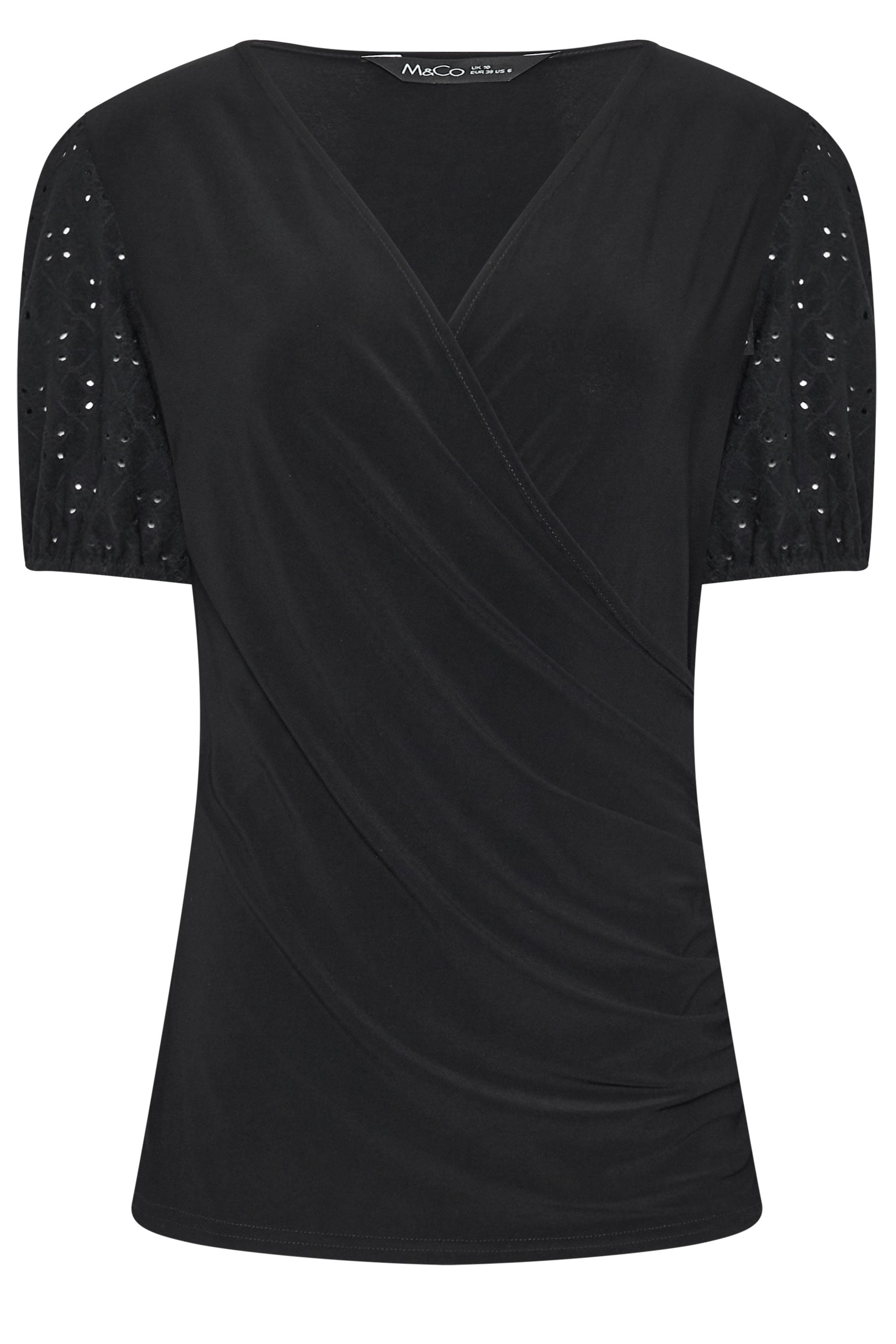 M&Co Black Broderie Sleeve Wrap Top | M&Co 1