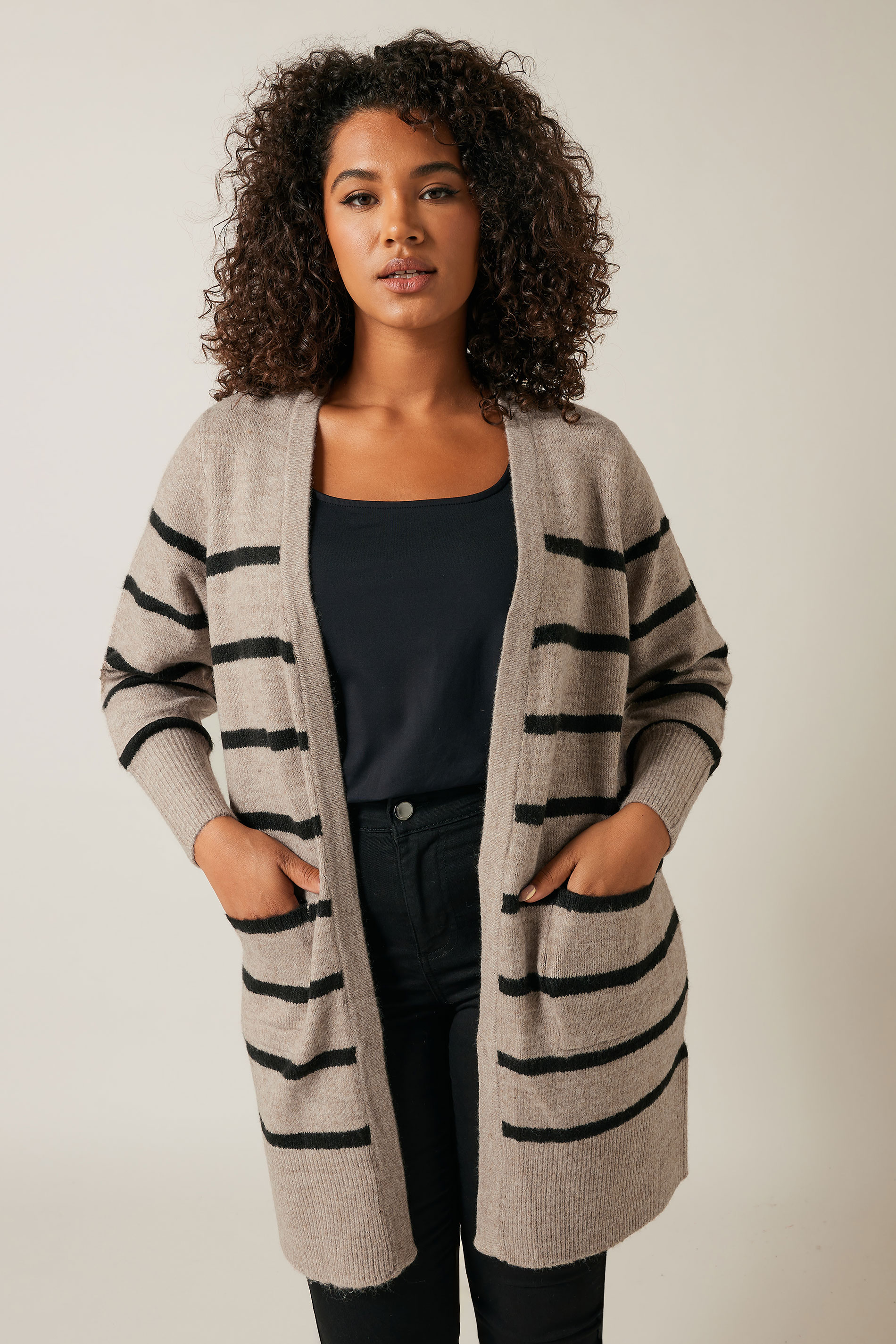 EVANS Plus Size Beige Brown Stripe Knitted Cardigan | Evans 3