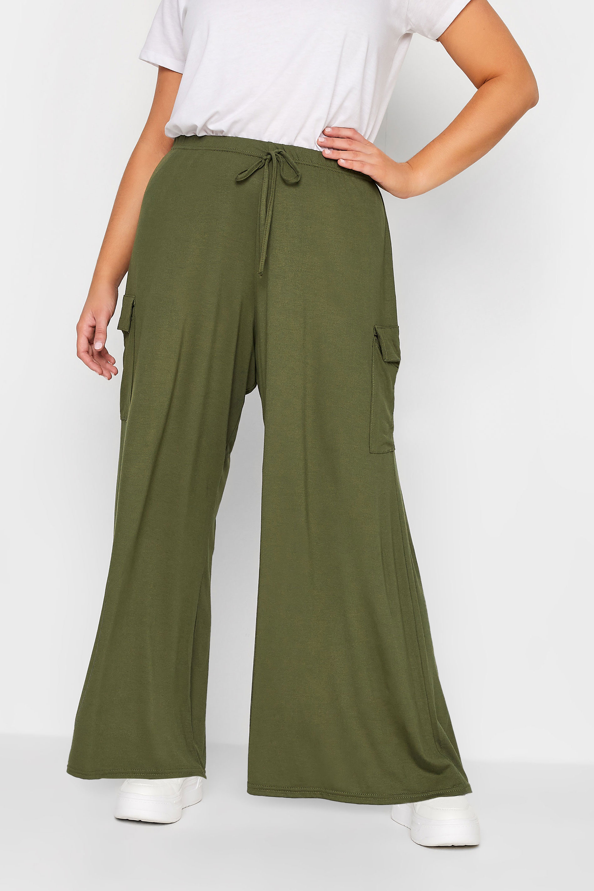 YOURS Curve Plus Size Khaki Green Wide Leg Cargo Trousers | Yours Clothing  1