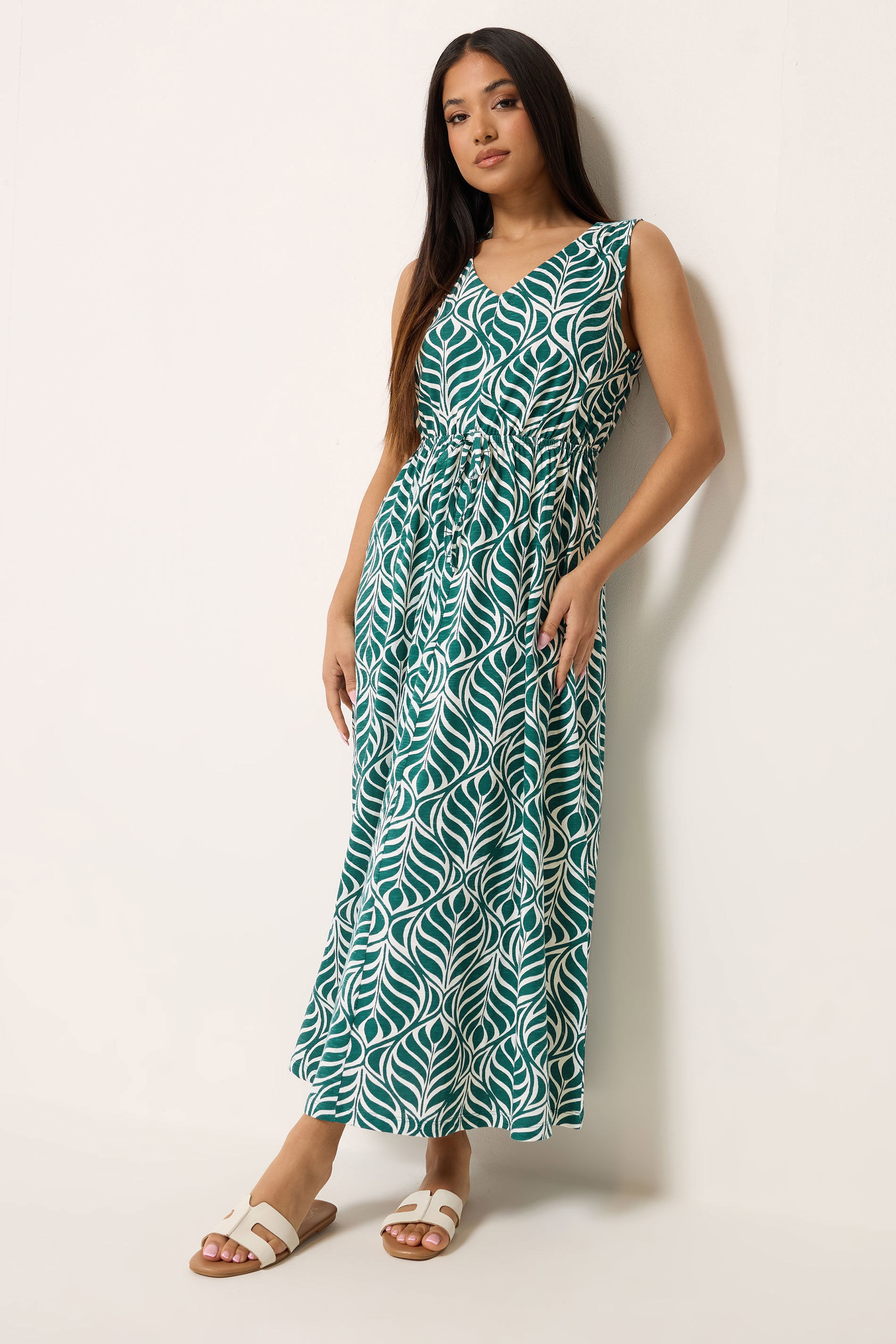 M&Co Petite Green Leaf Print Cotton Maxi Dress | M&Co 2