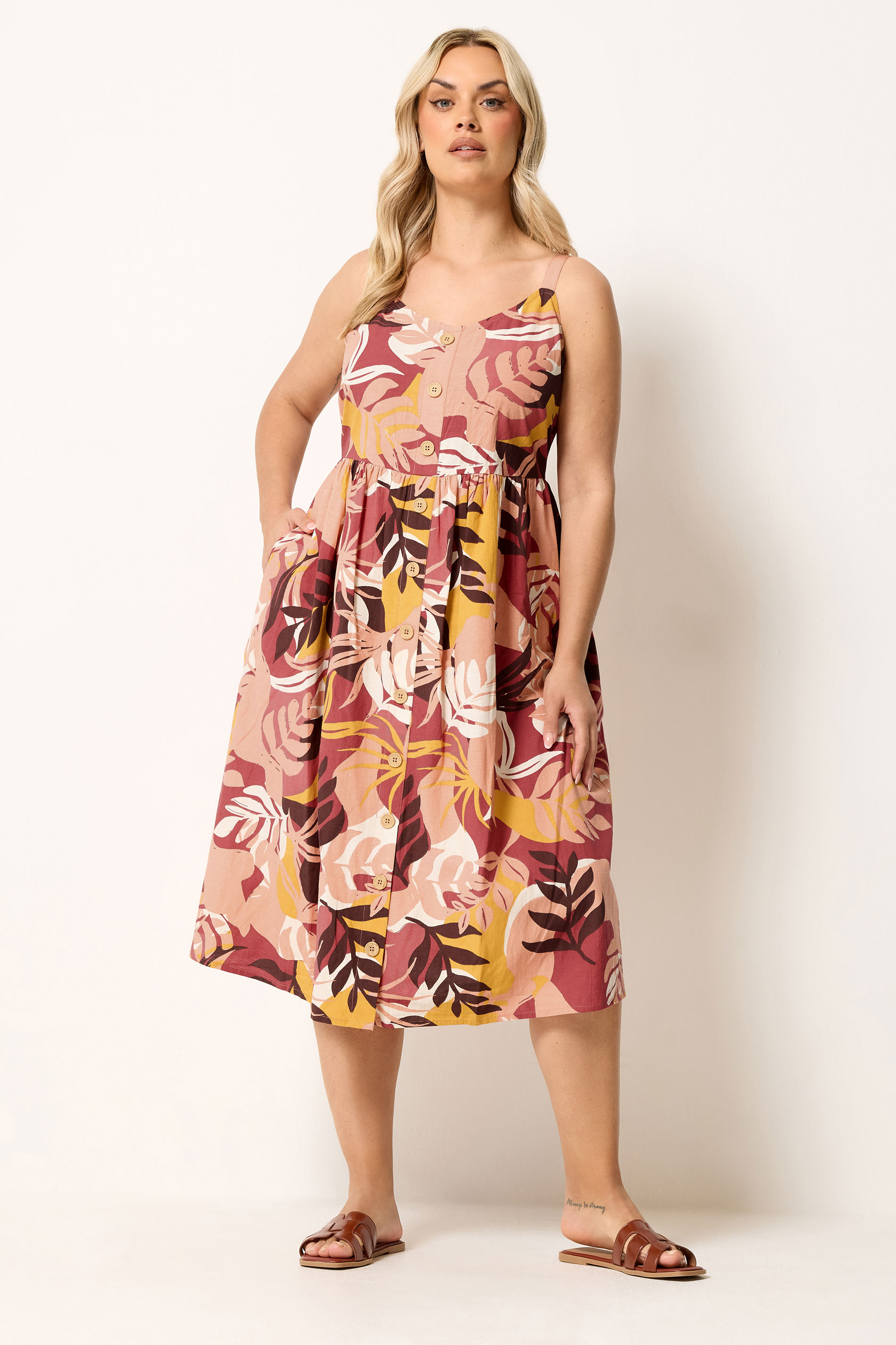 YOURS Plus Size Orange Tropical Print Linen Midi Dress | Yours Clothing 1