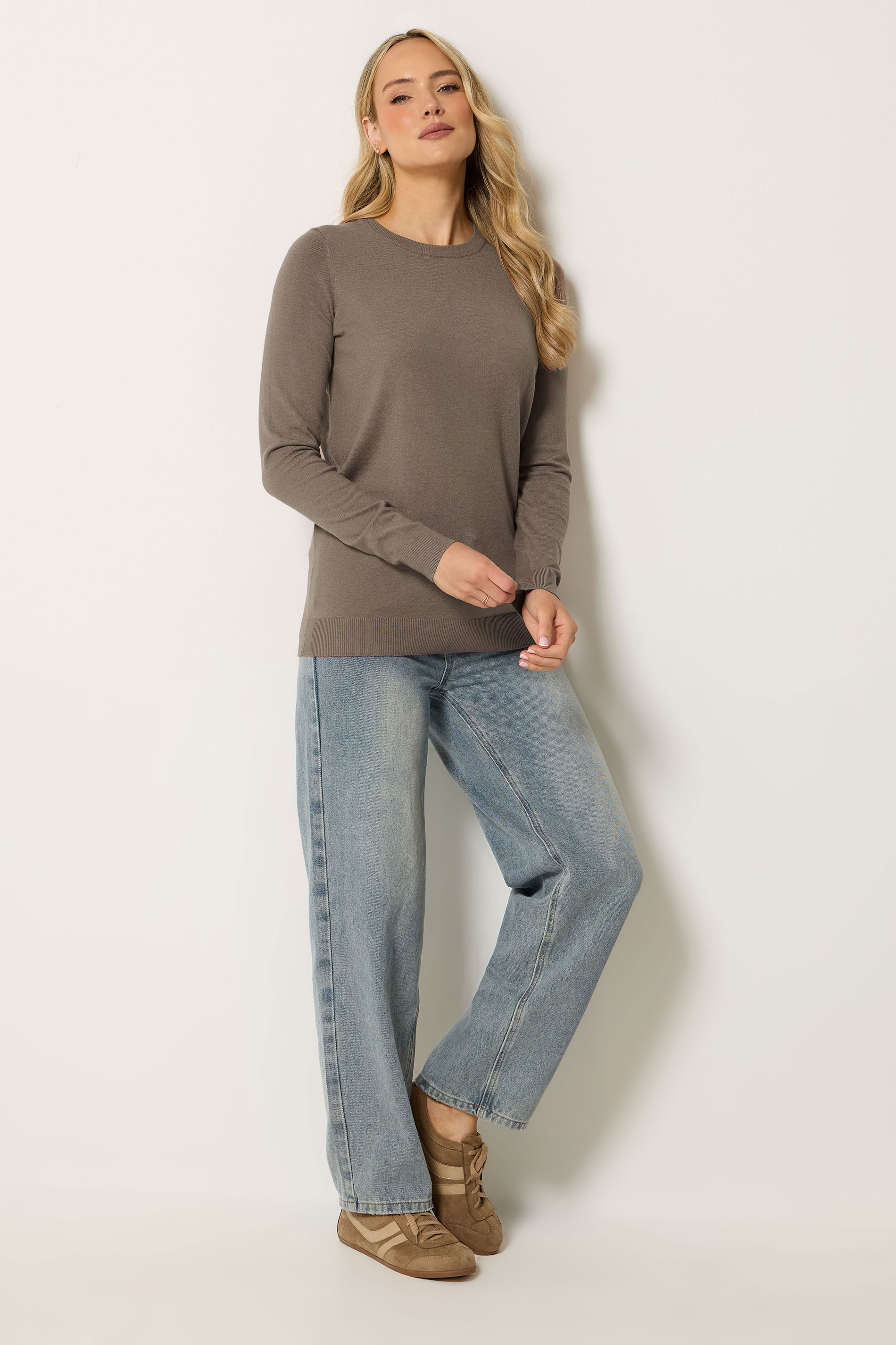 LTS Tall Women's Mocha Brown Knitted Crew Neck Jumper | Long Tall Sally 1