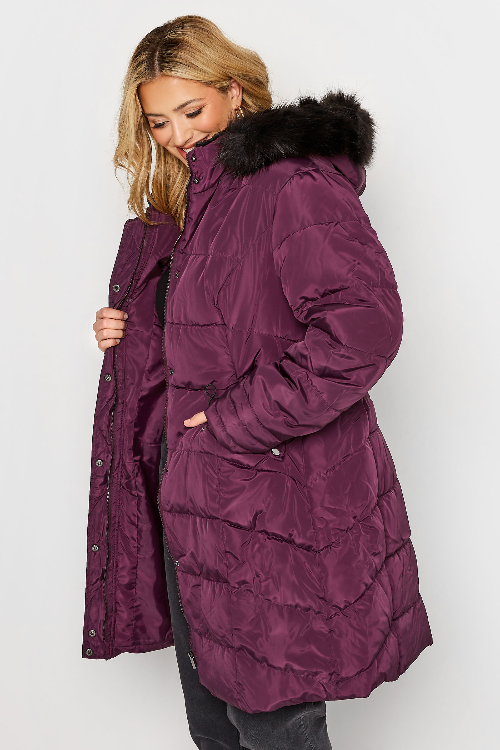Plus Size Purple Panelled Puffer Midi Coat | Yours Clothing 2