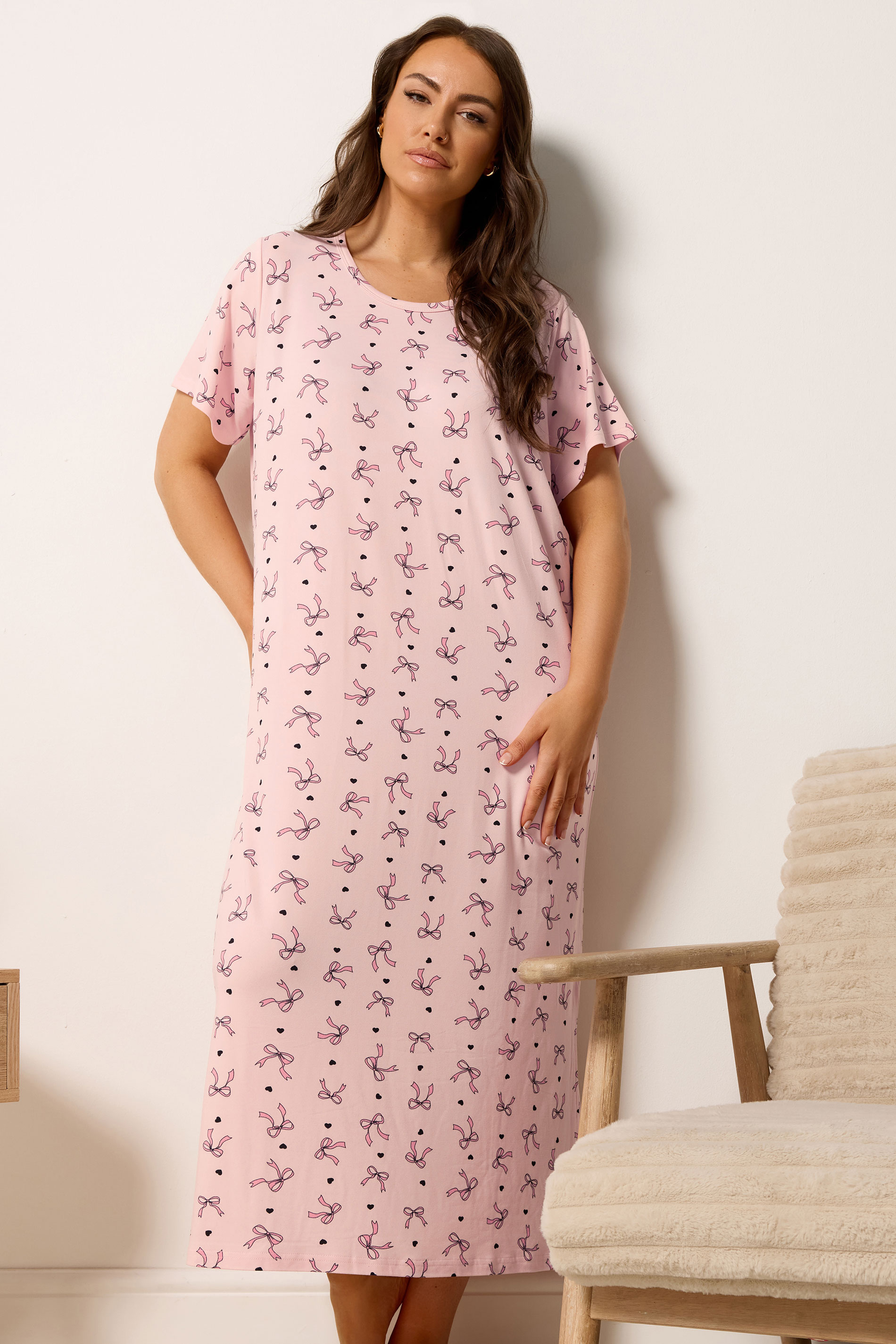 YOURSET Plus Size 2 PACK Pink Bow & Heart Print Midaxi Nightdresses | Yours Clothing 2