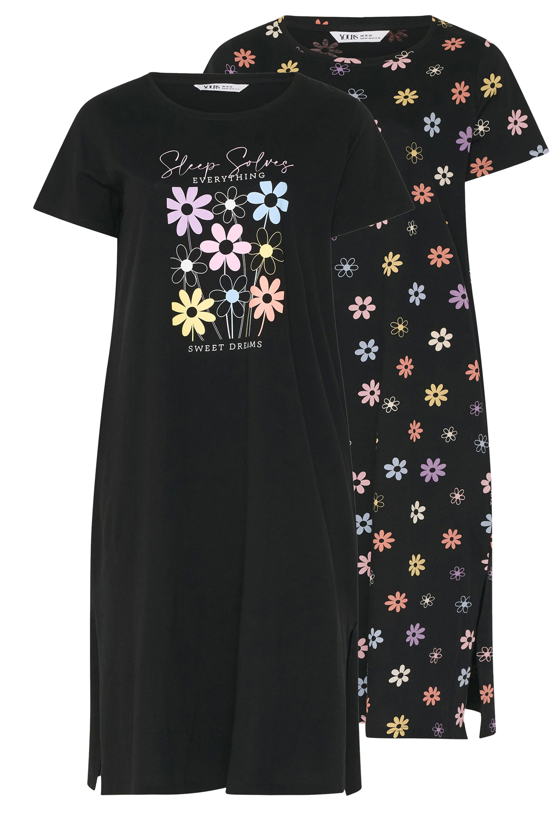 YOURS Plus Size 2 PACK Black 'Sleep Solves Everything'  Floral Midaxi Nightdresses | Yours Clothing 7