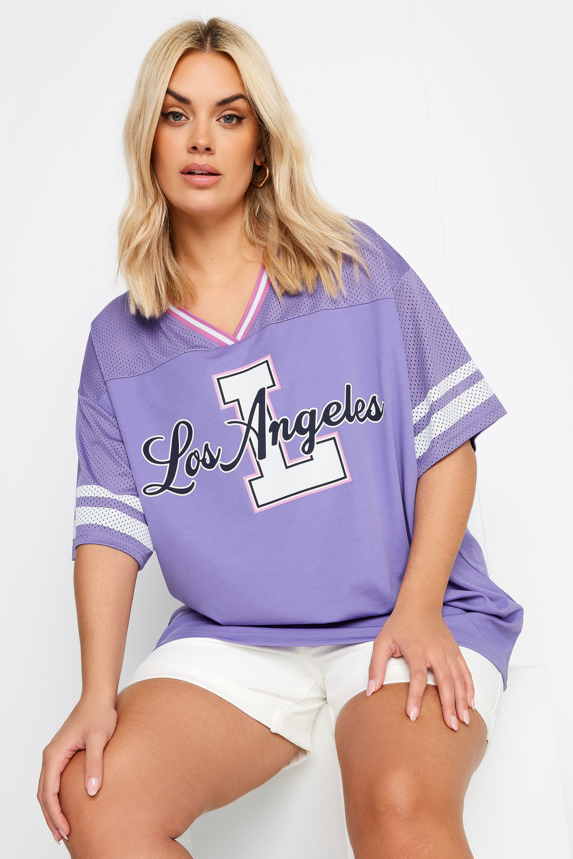 YOURS Plus Size Purple 'Los Angeles' Slogan Varsity T-Shirt | Yours Clothing 3