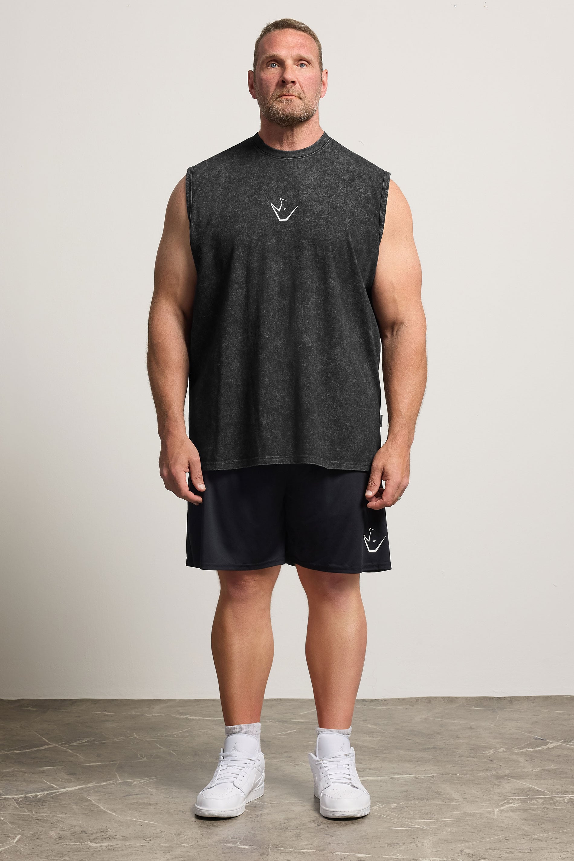 IronRhino Big & Tall Black Acid Wash Old English Vest | BadRhino 1