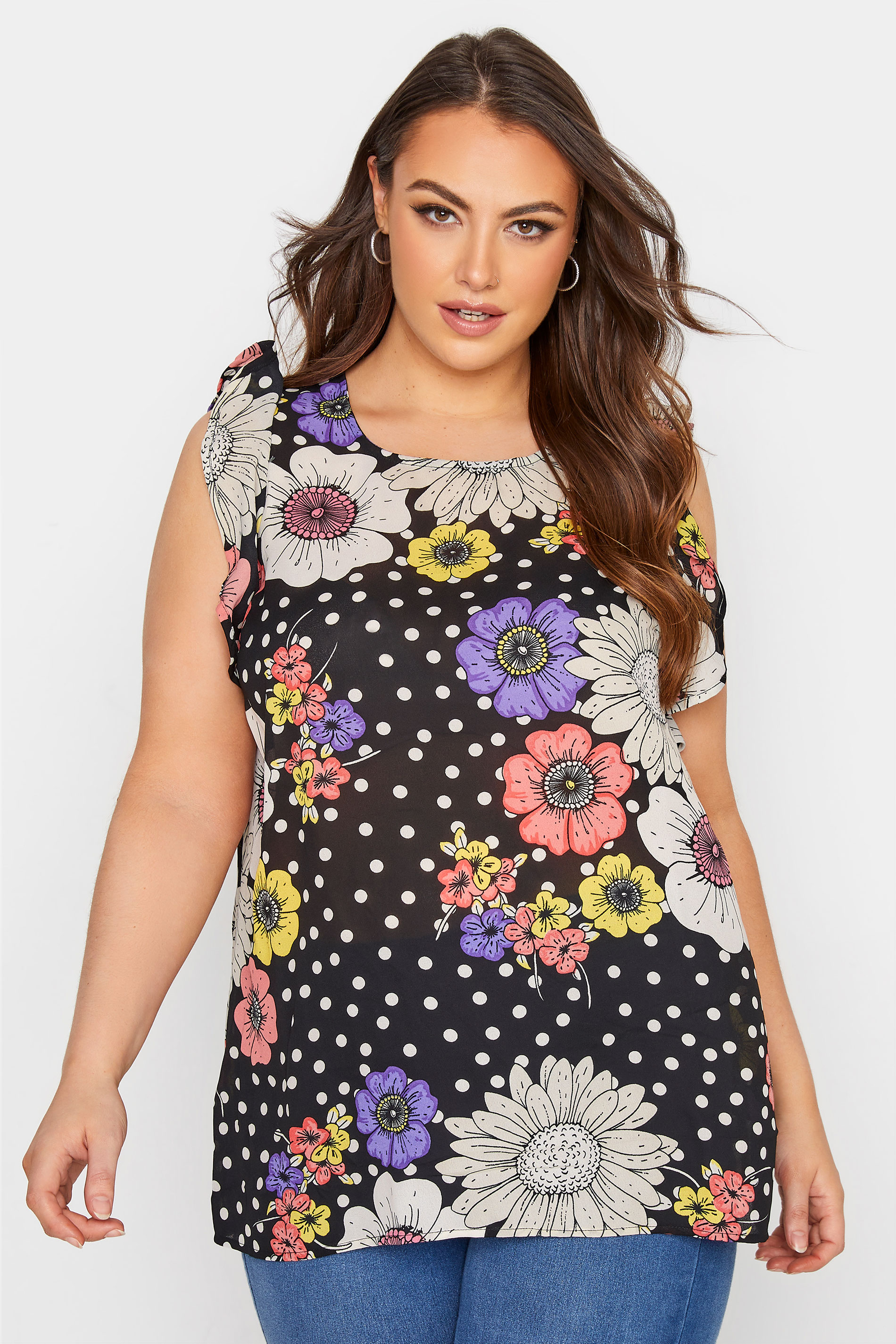 Curve Black Floral Frill Sleeveless Top 1