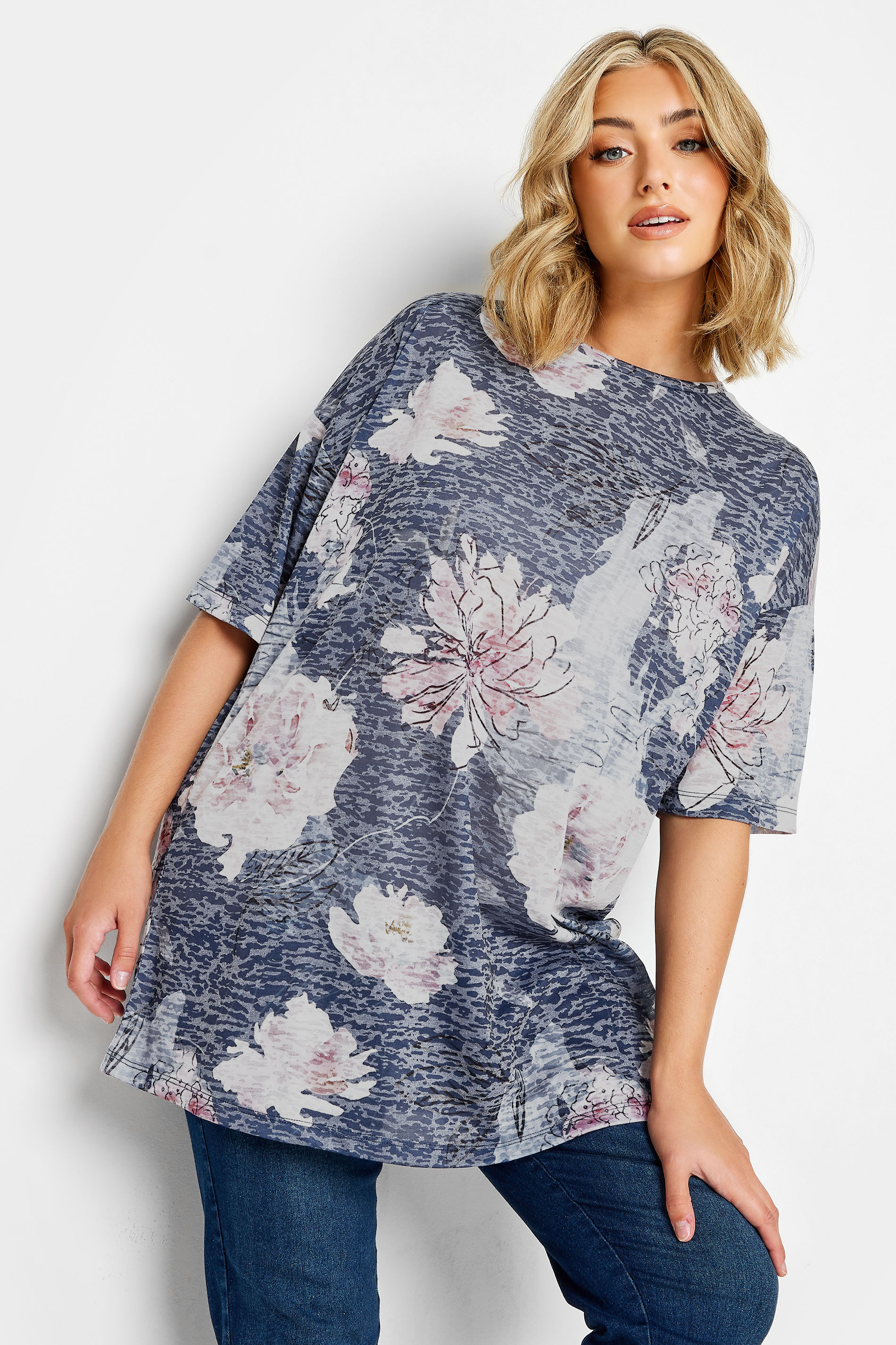 YOURS Plus Size Blue Mottled Floral Print T-Shirt | Yours Clothing 1