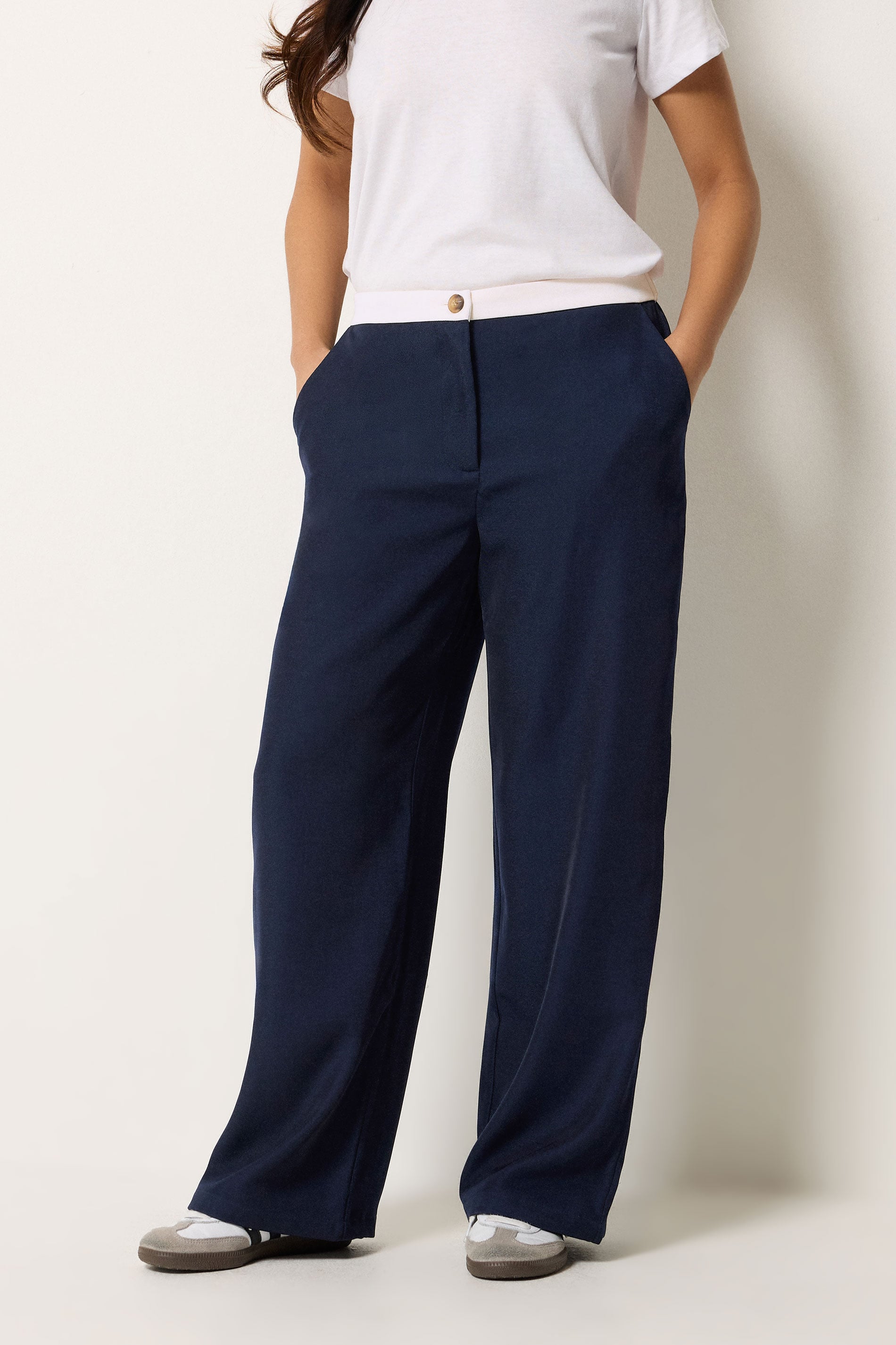 PixieGirl Petite Blue Button Detail Wide Leg Trousers | PixieGirl  2