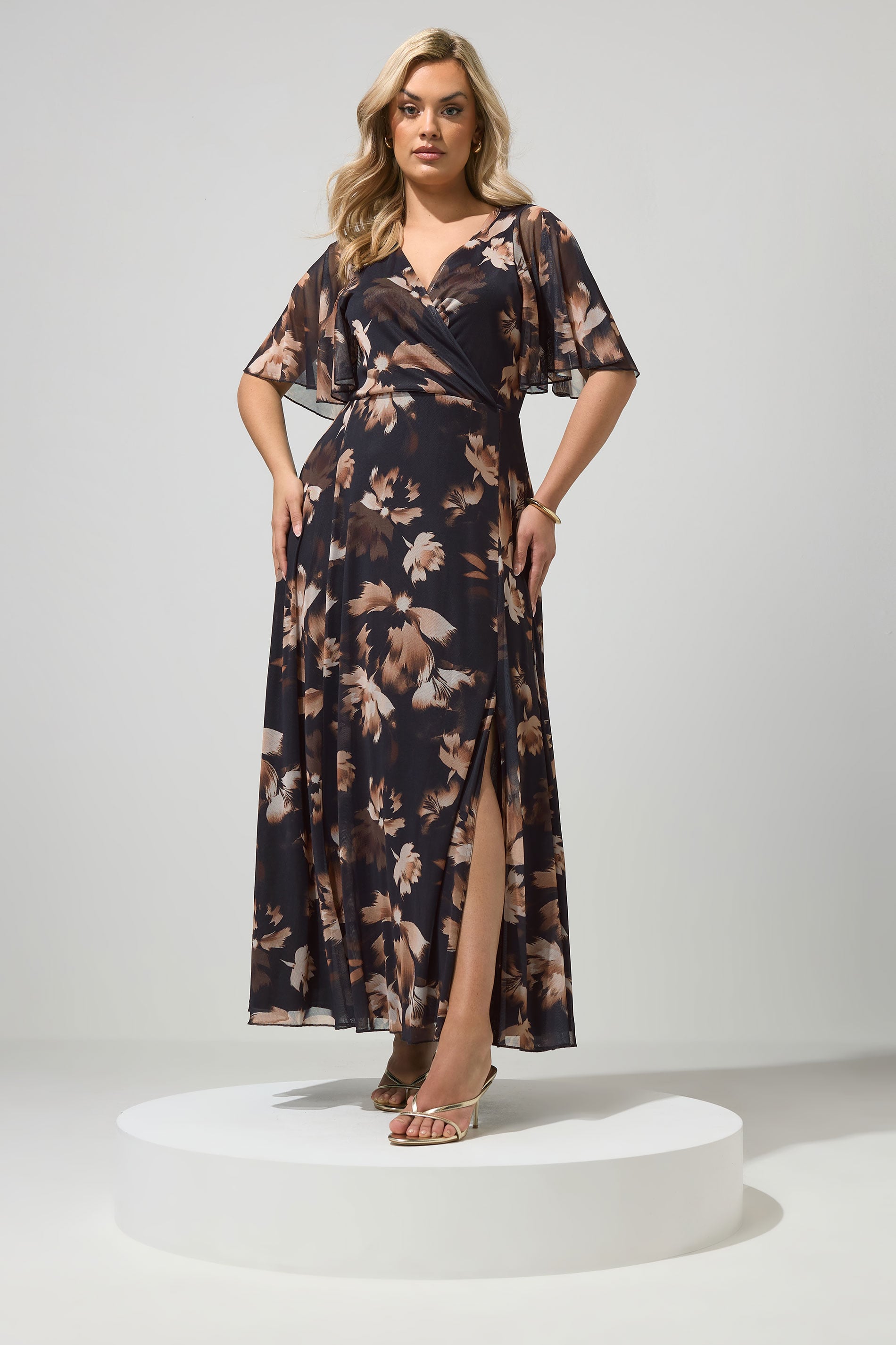 YOURS LONDON Plus Size Chocolate Brown Floral Mesh Maxi Dress | Yours Clothing 1