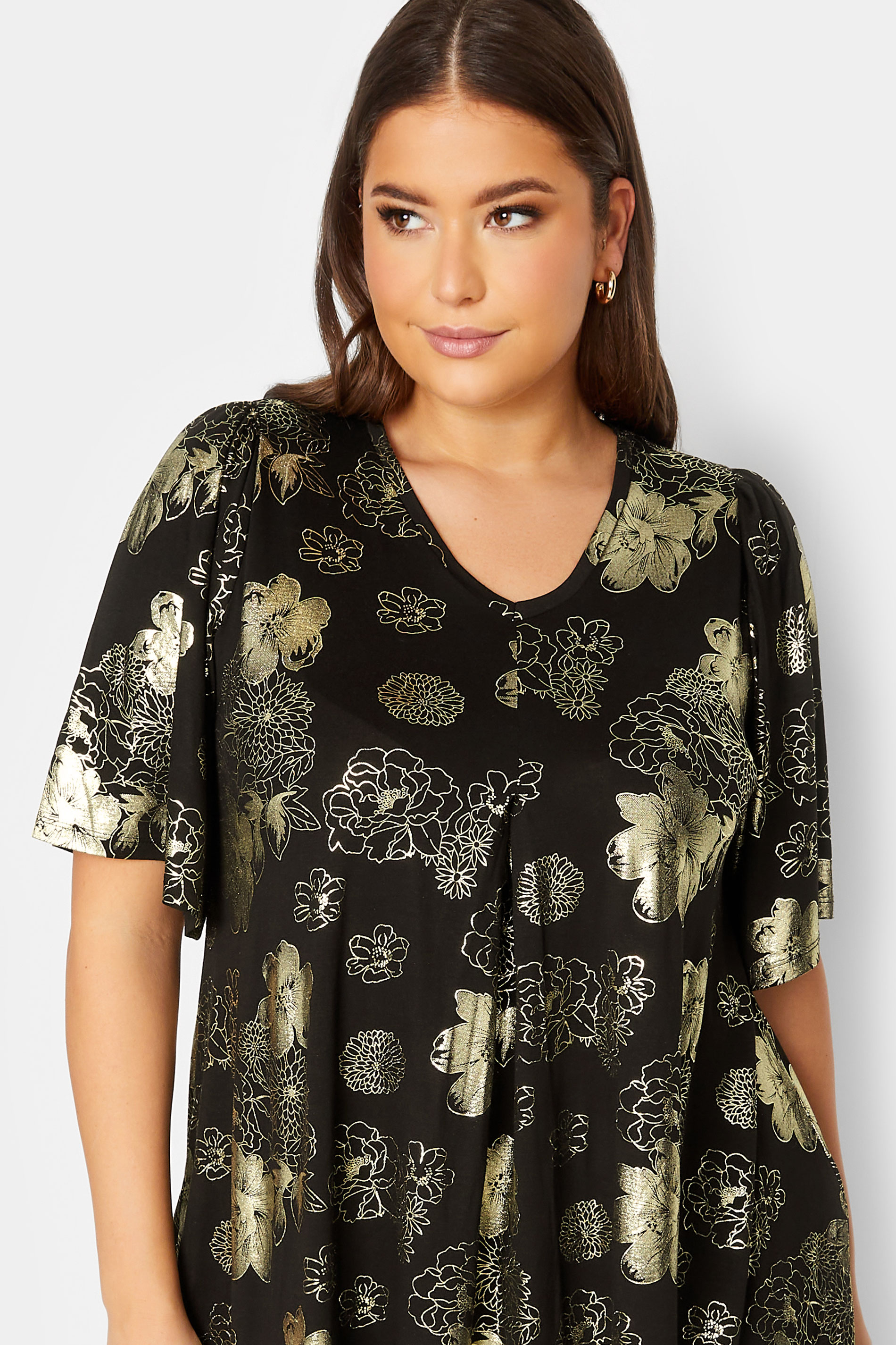 Yours Luxury Plus Size Curve Black Floral Foil Print Top Yours Clothing