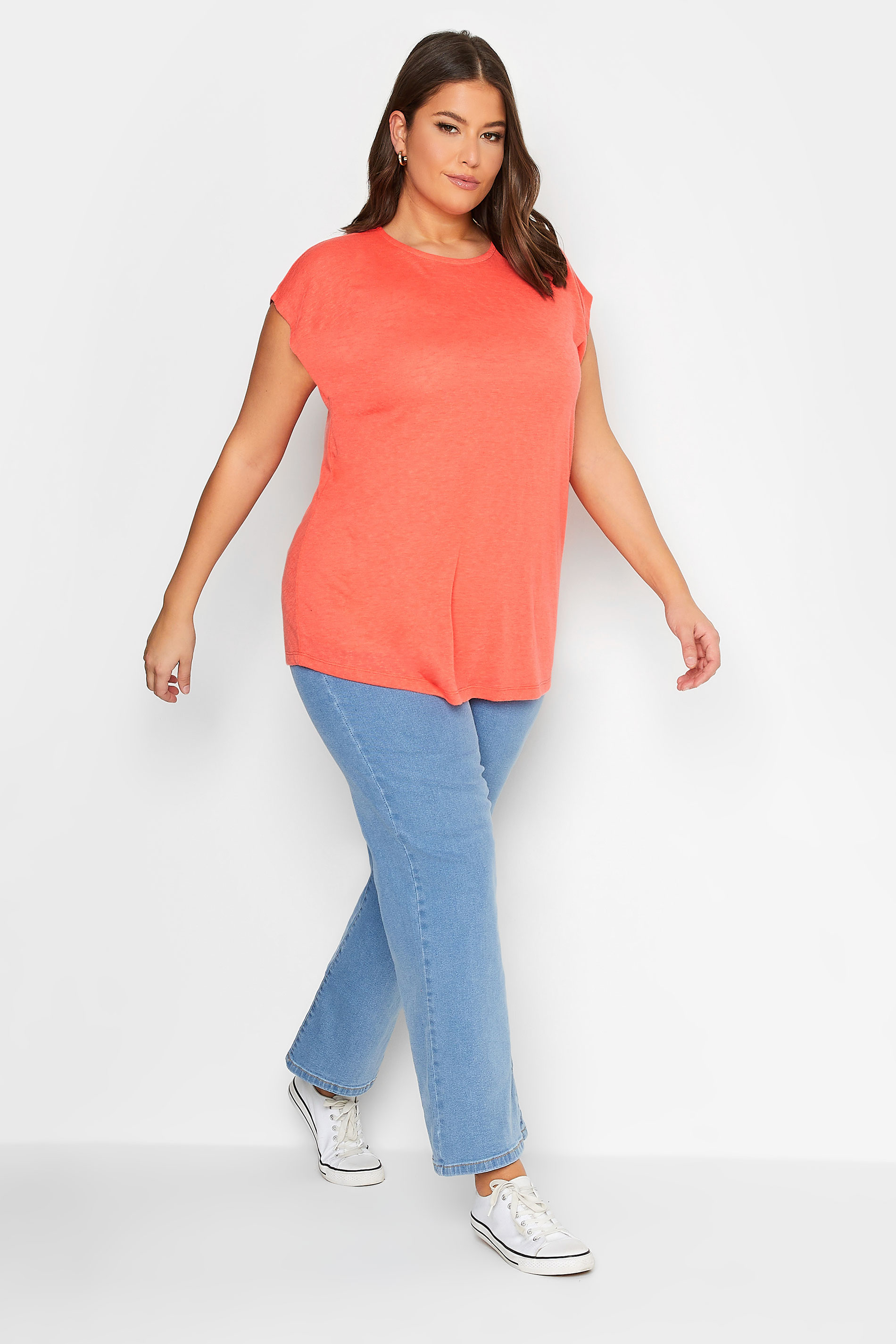 YOURS Curve Plus Size Coral Orange Linen Look T-Shirt | Yours Clothing 2