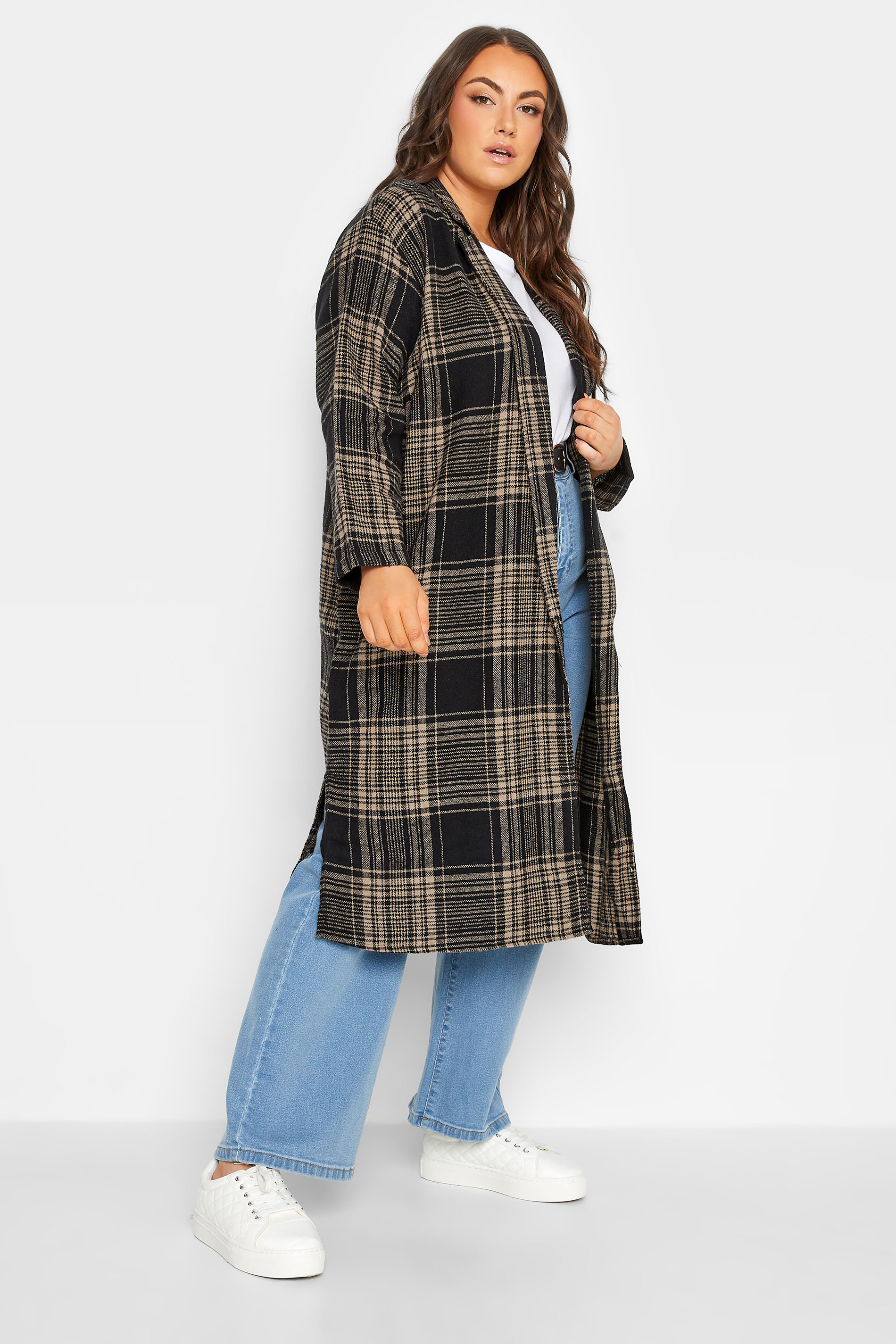 LIMITED COLLECTION Plus Size Curve Brown Check Long Duster Coat 1