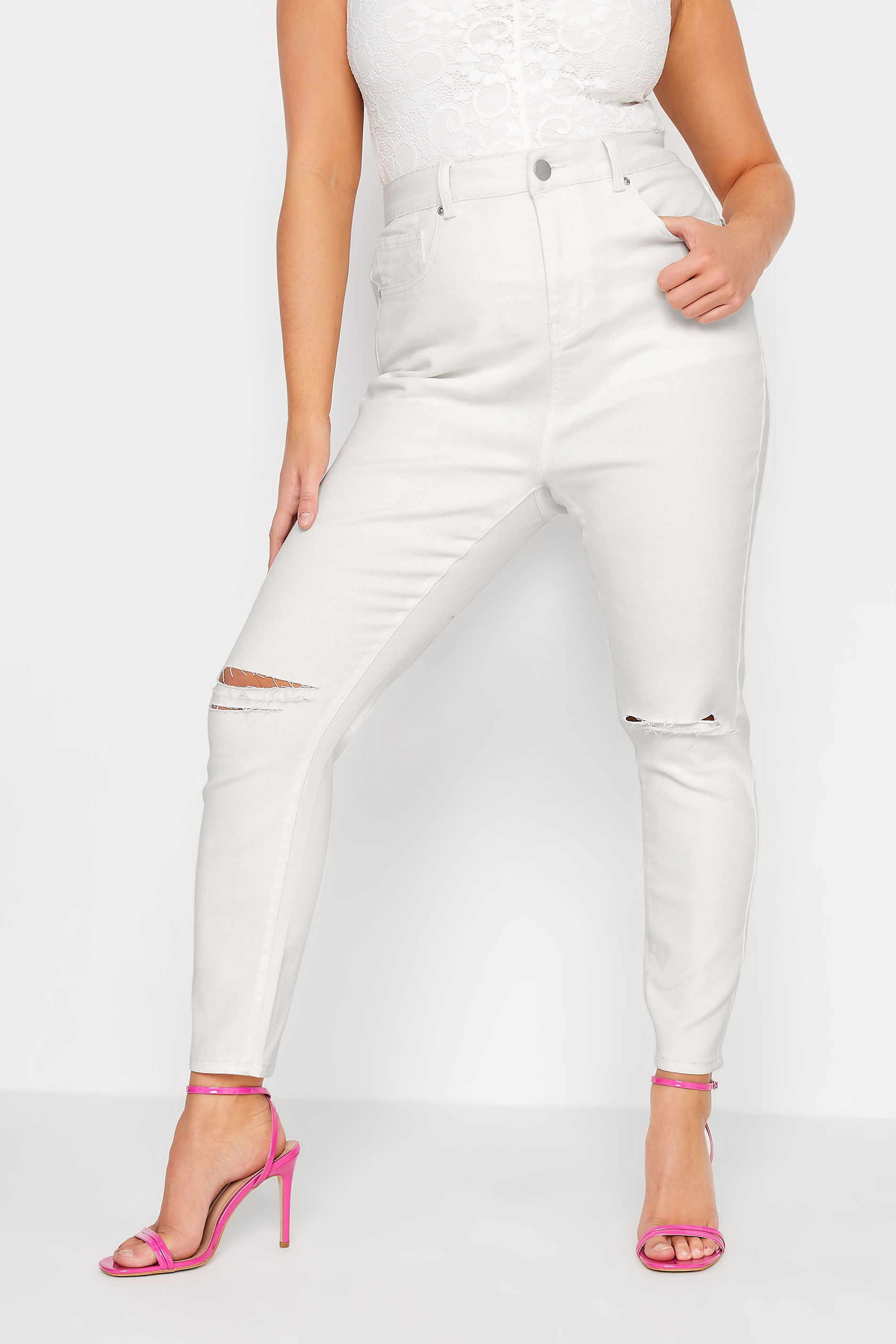 YOURS Plus Size White Ripped Knee Skinny Stretch AVA Jeans | Yours Clothing 1