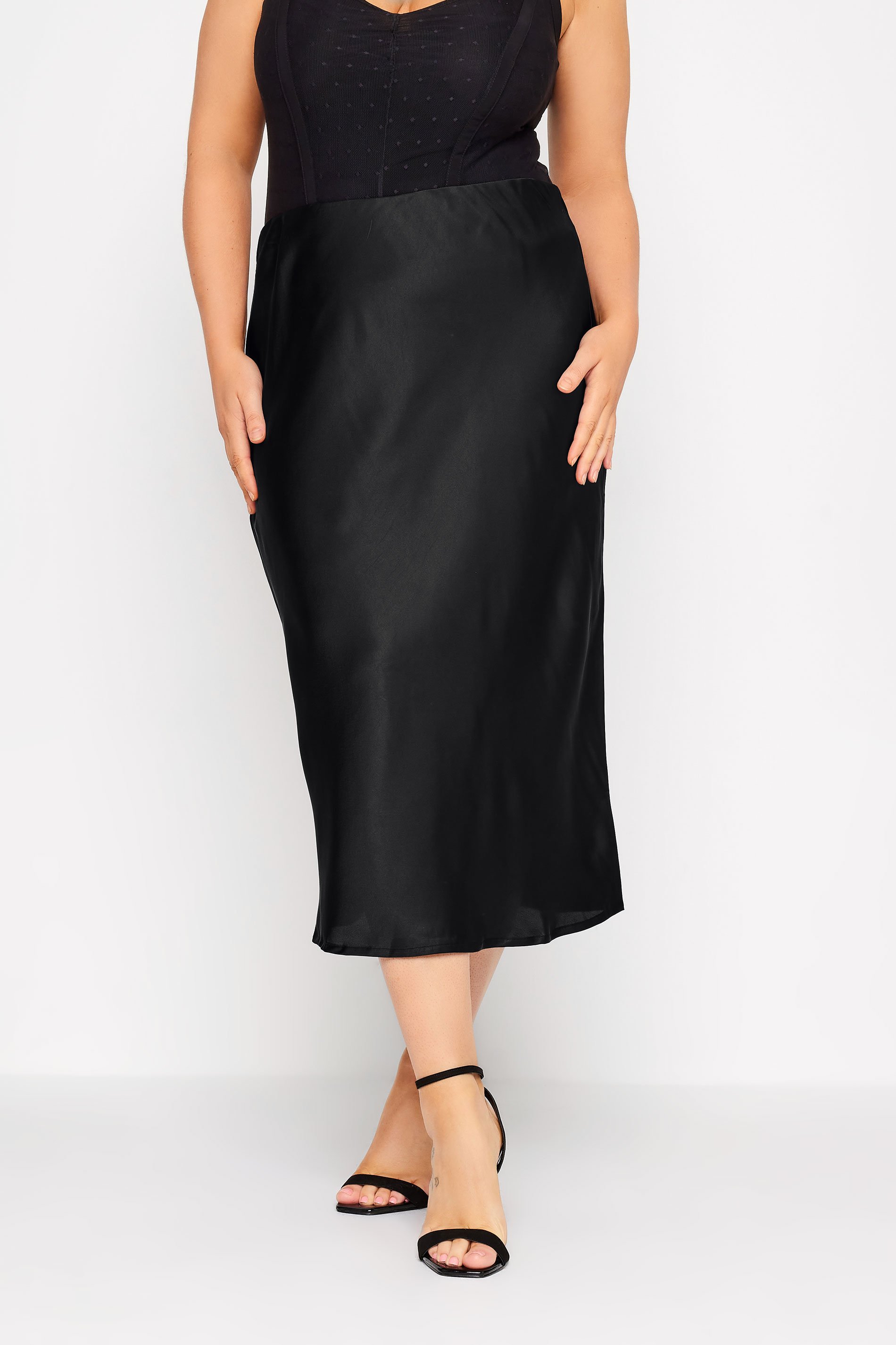 YOURS Plus Size Black Satin Midi Skirt | Yours Clothing