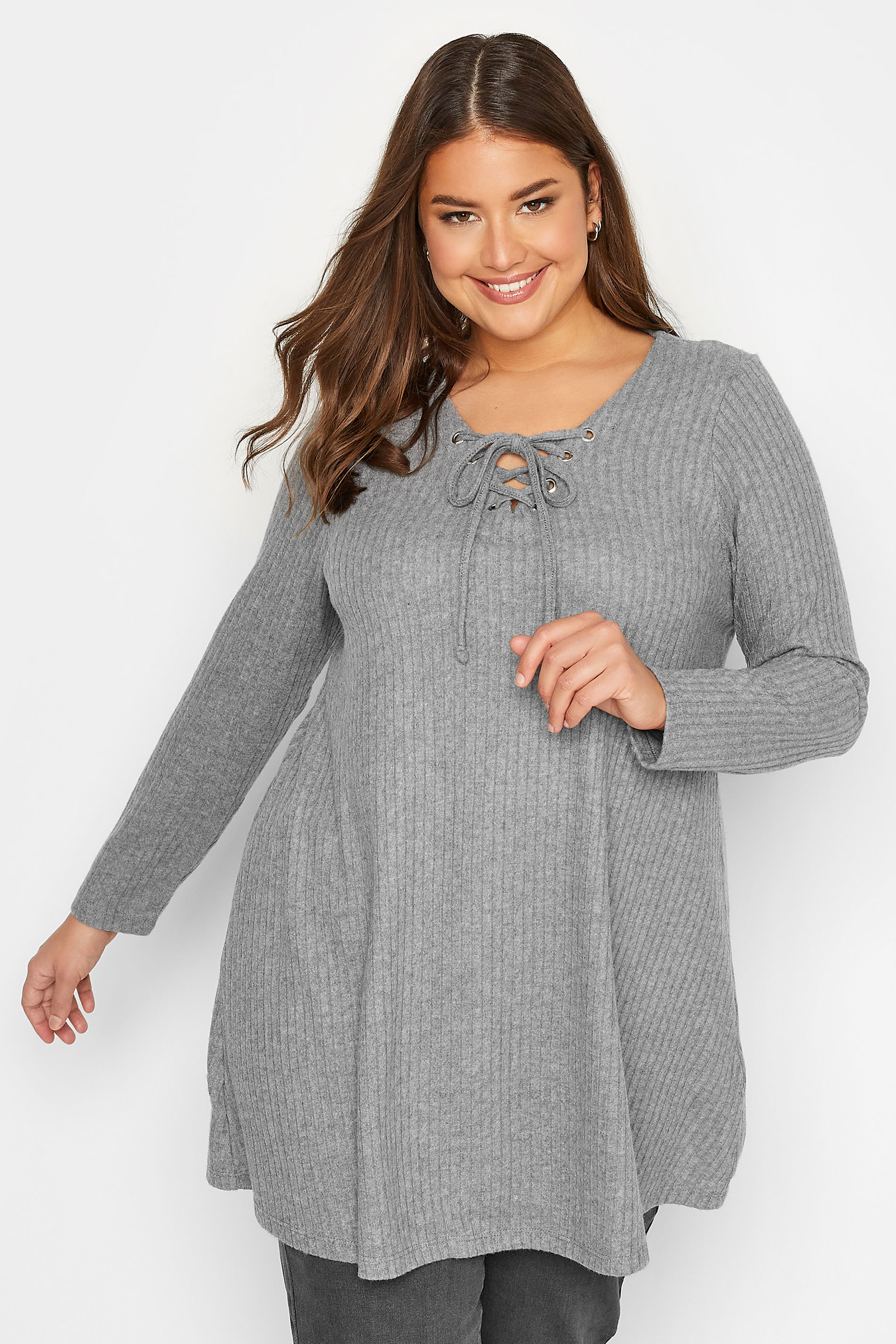 Plus Size Grey Eyelet Tie Detail Soft Touch Top | Yours Clothing 1