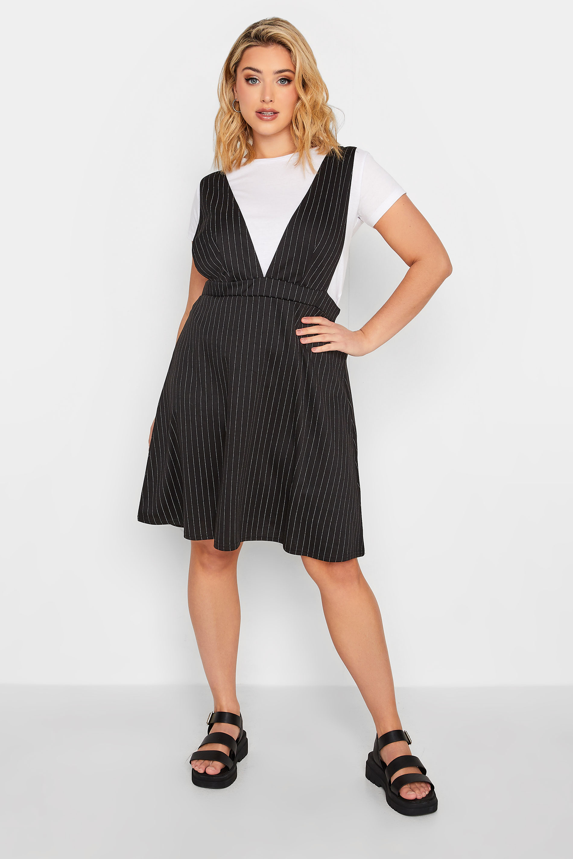LIMITED COLLECTION Plus Size Black Pinstripe Pinafore Dress | Yours Clothing 1