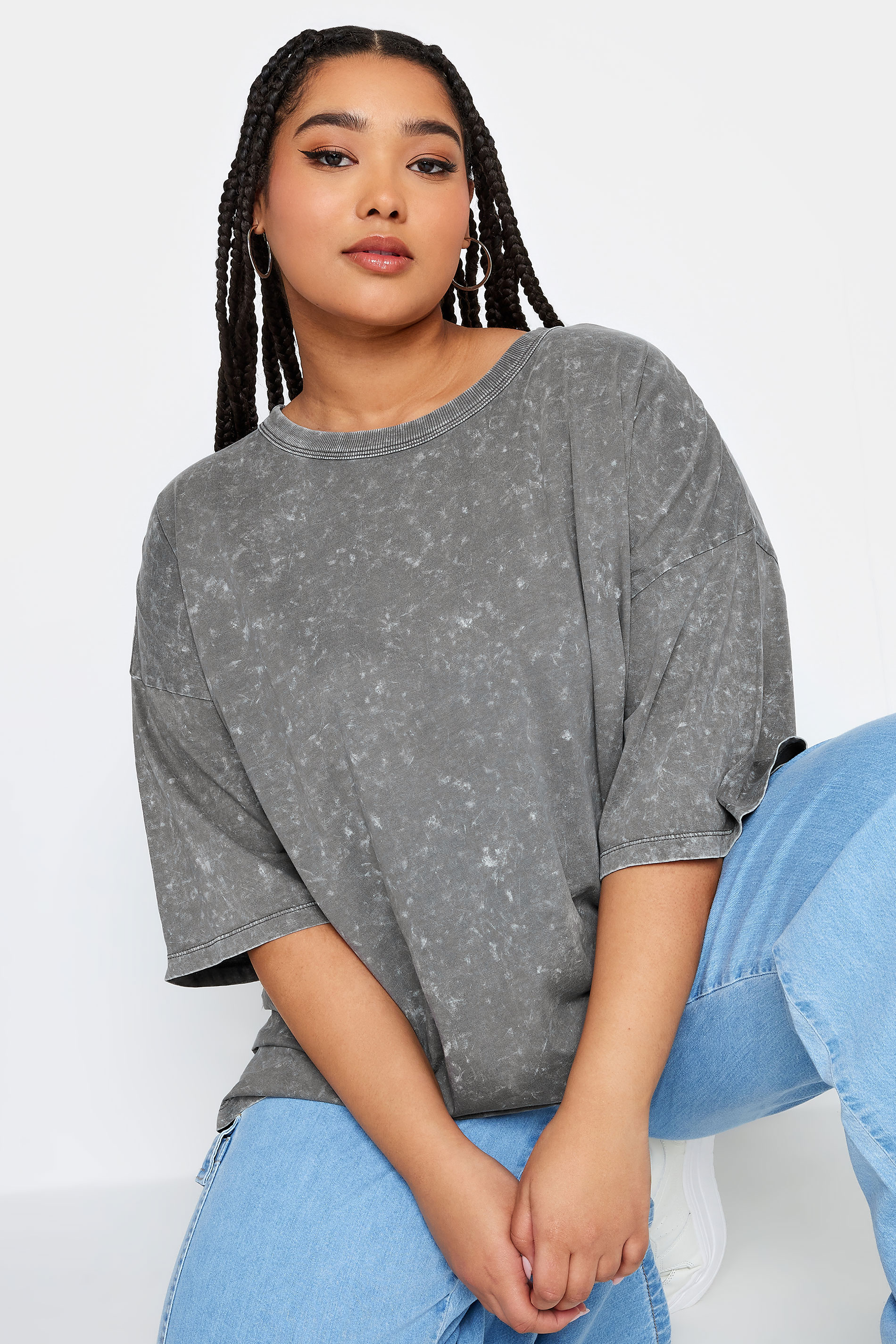 YOURS Plus Size Grey Acid Wash Boxy T-Shirt | Yours Clothing