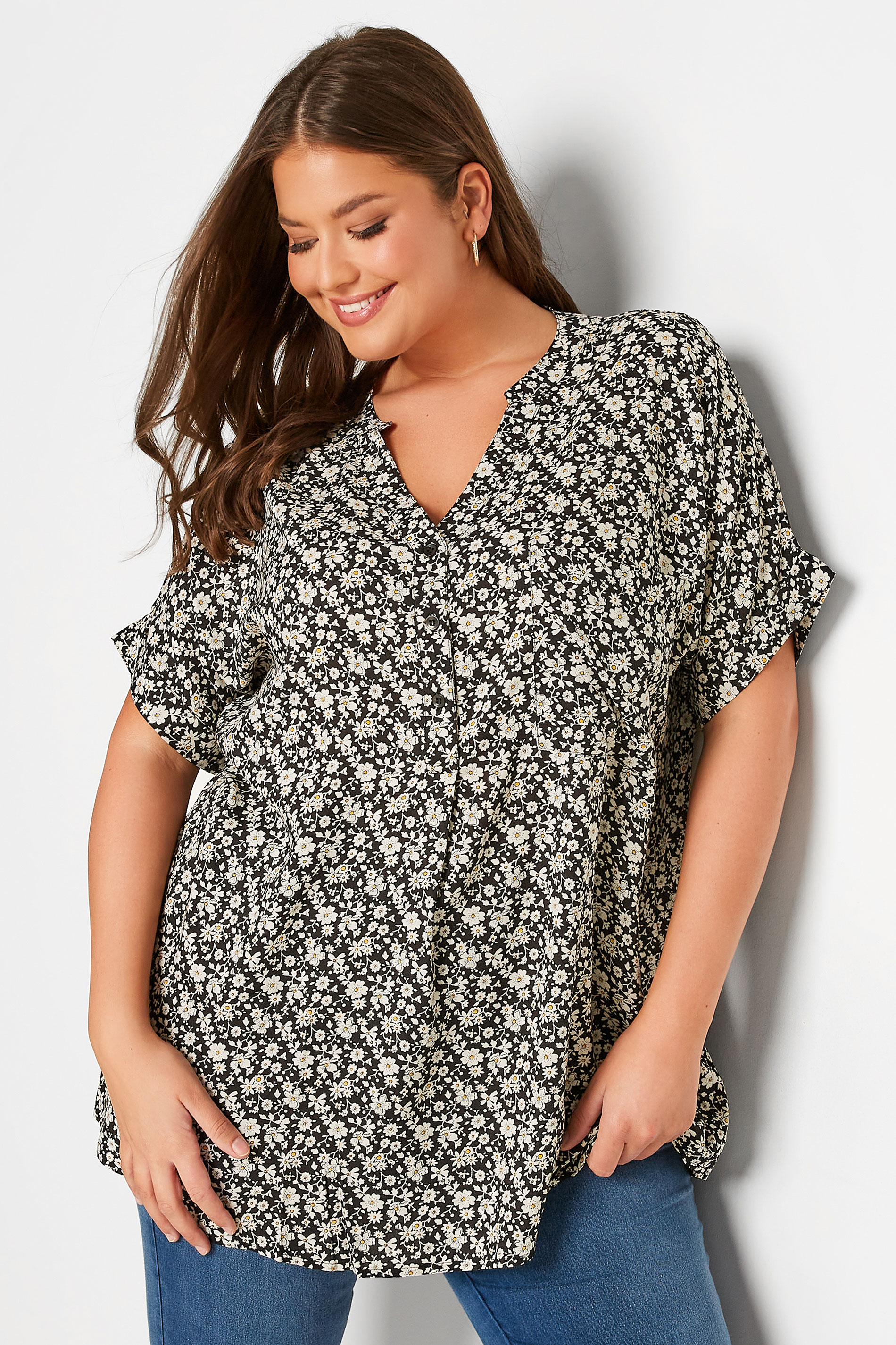 Plus Size Black Daisy Print Grown On Sleeve Shirt | Yours Clothing 1