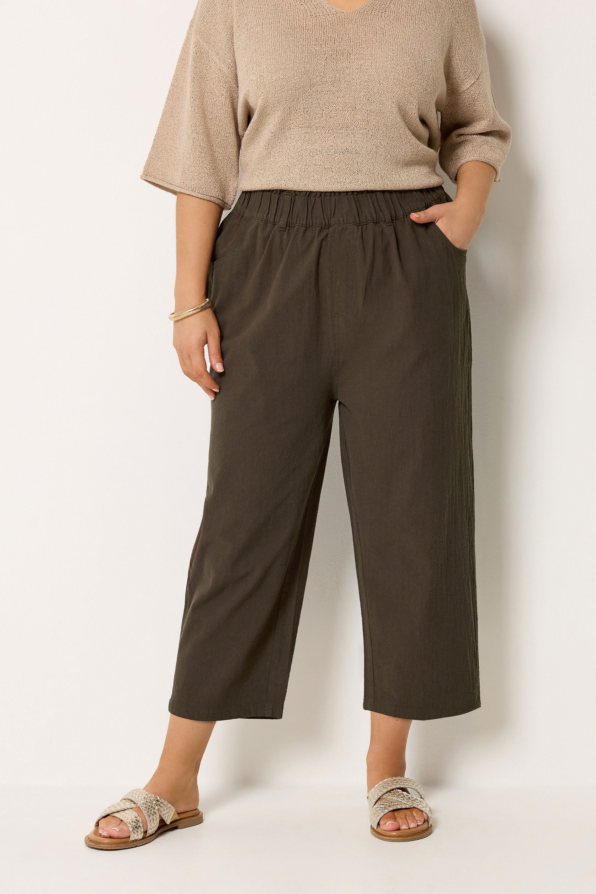 YOURS Plus Size Chocolate Brown Cool Cotton Cropped Trousers | Yours Clothing 1