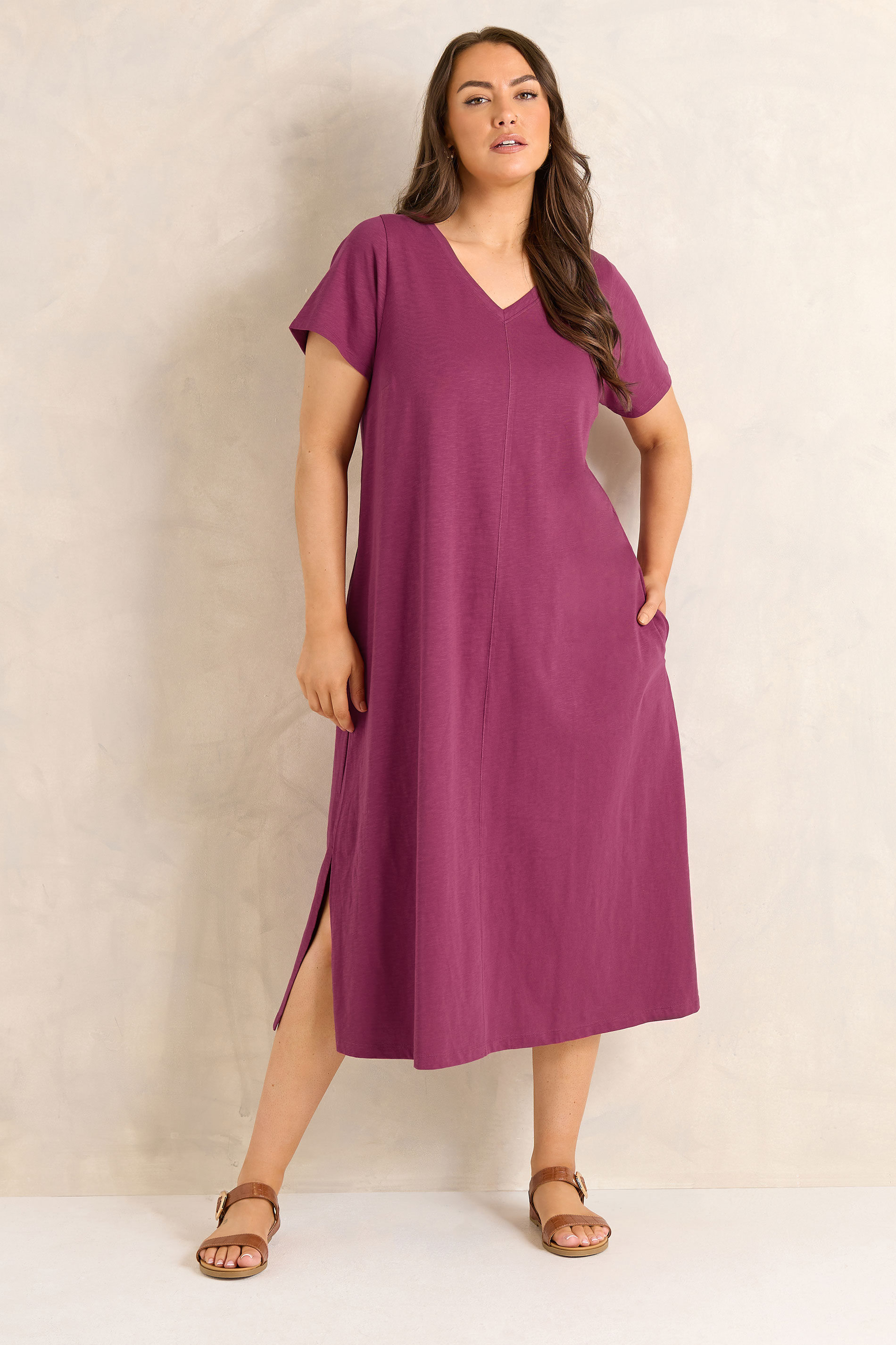 EVANS Plus Size 2 Pack Black & Berry Red Cotton Midi Dress 2