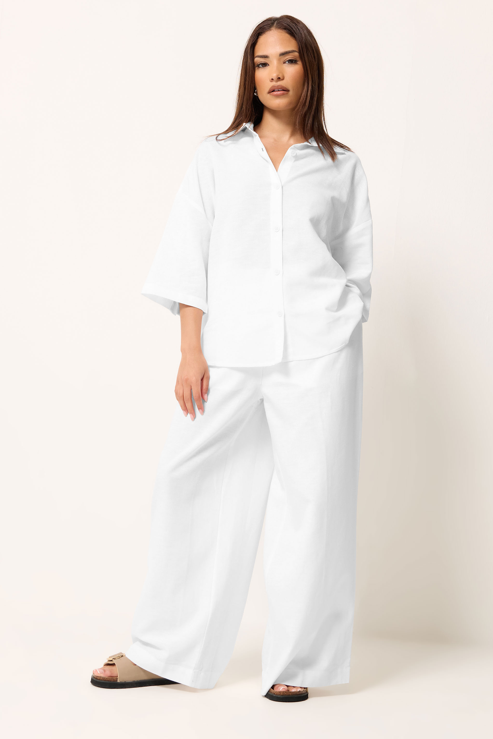 PixieGirl Petite Women's Set White Linen Shirt & Wide Leg Trousers | PixieGirl 1