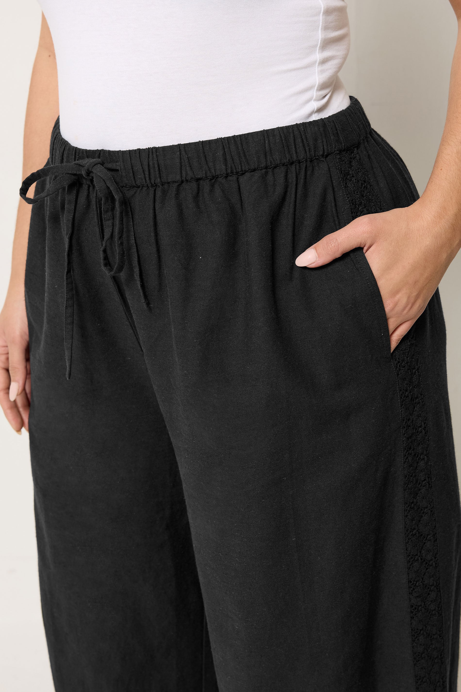 YOURS Plus Size Black Crochet Detail Linen Trousers | Yours Clothing 4
