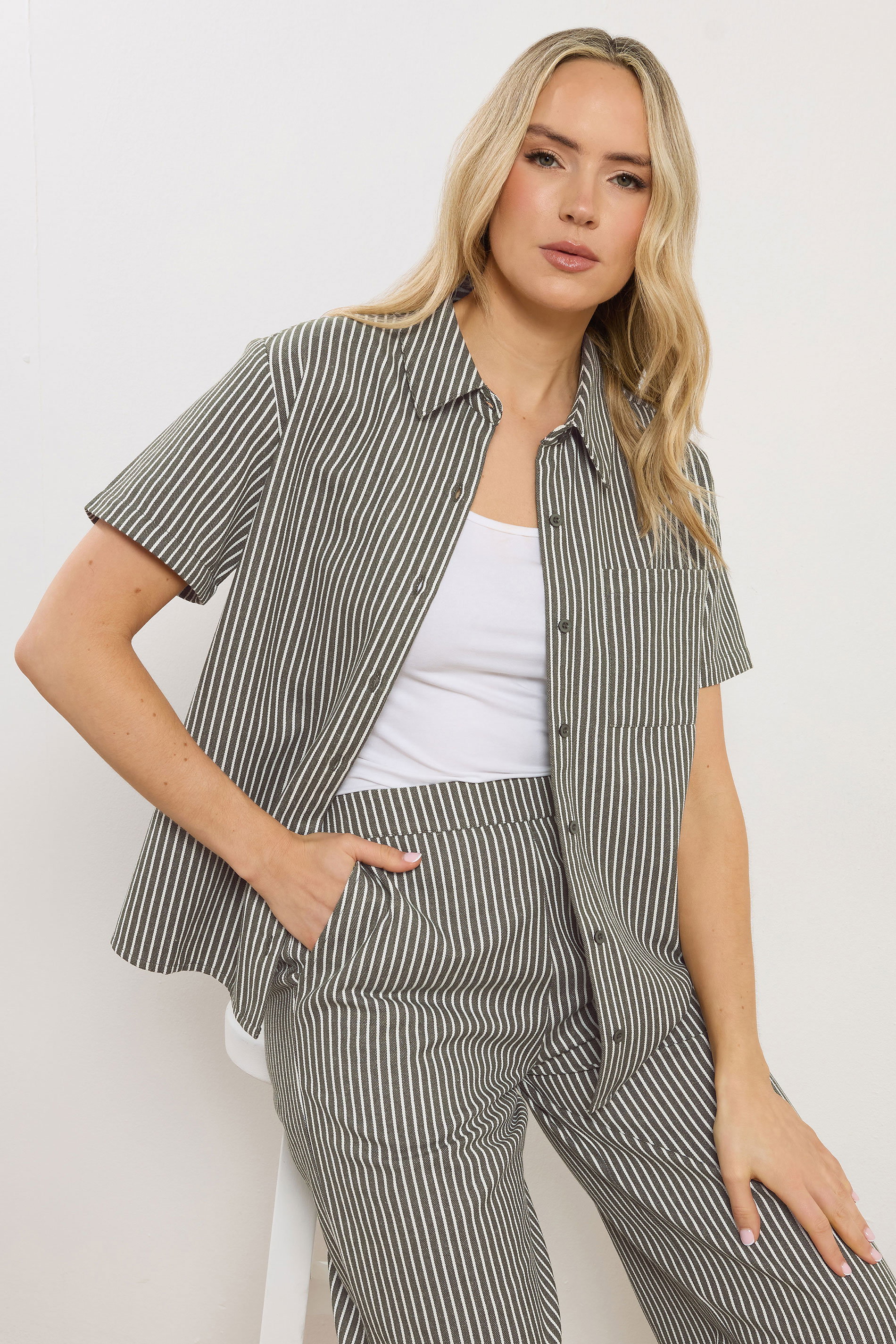 LTS Tall Women's Set Olive Green Stripe Button Cotton Shirt & Trousers | Long Tall Sally 4