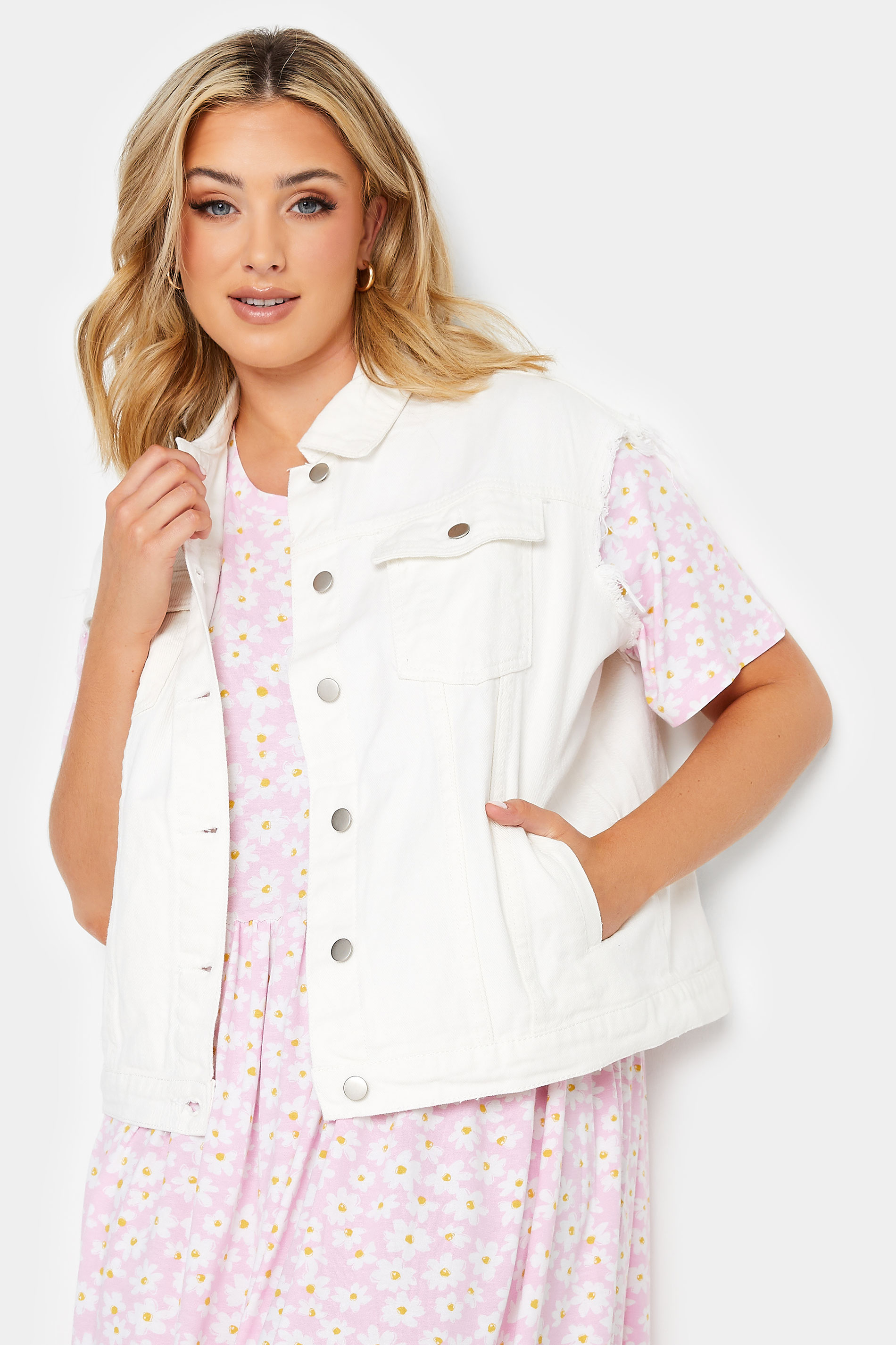 Plus Size White Sleeveless Denim Jacket | Yours Clothing 2