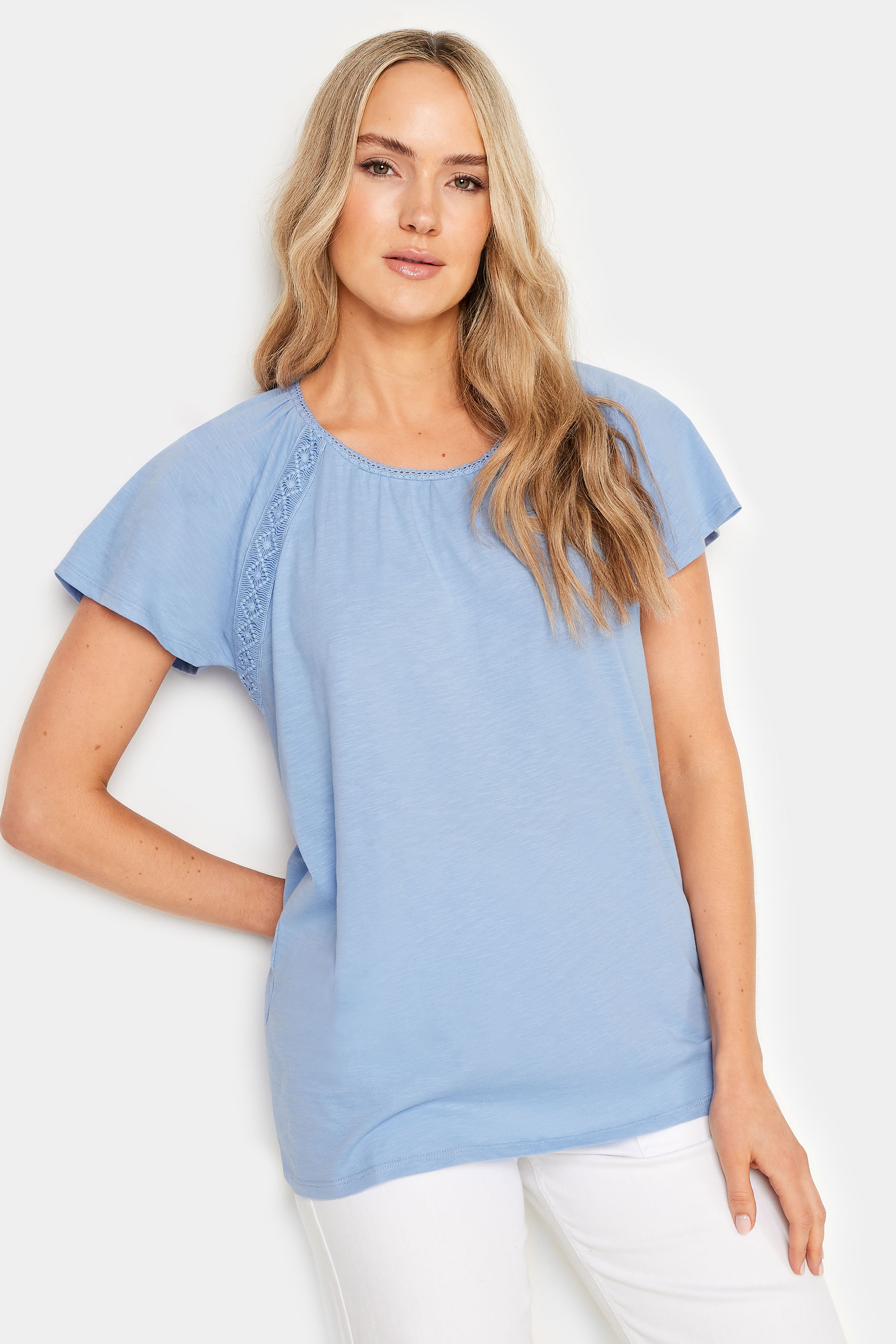 LTS Tall Women's Blue Crochet Detail Raglan T-Shirt | Long Tall Sally 1