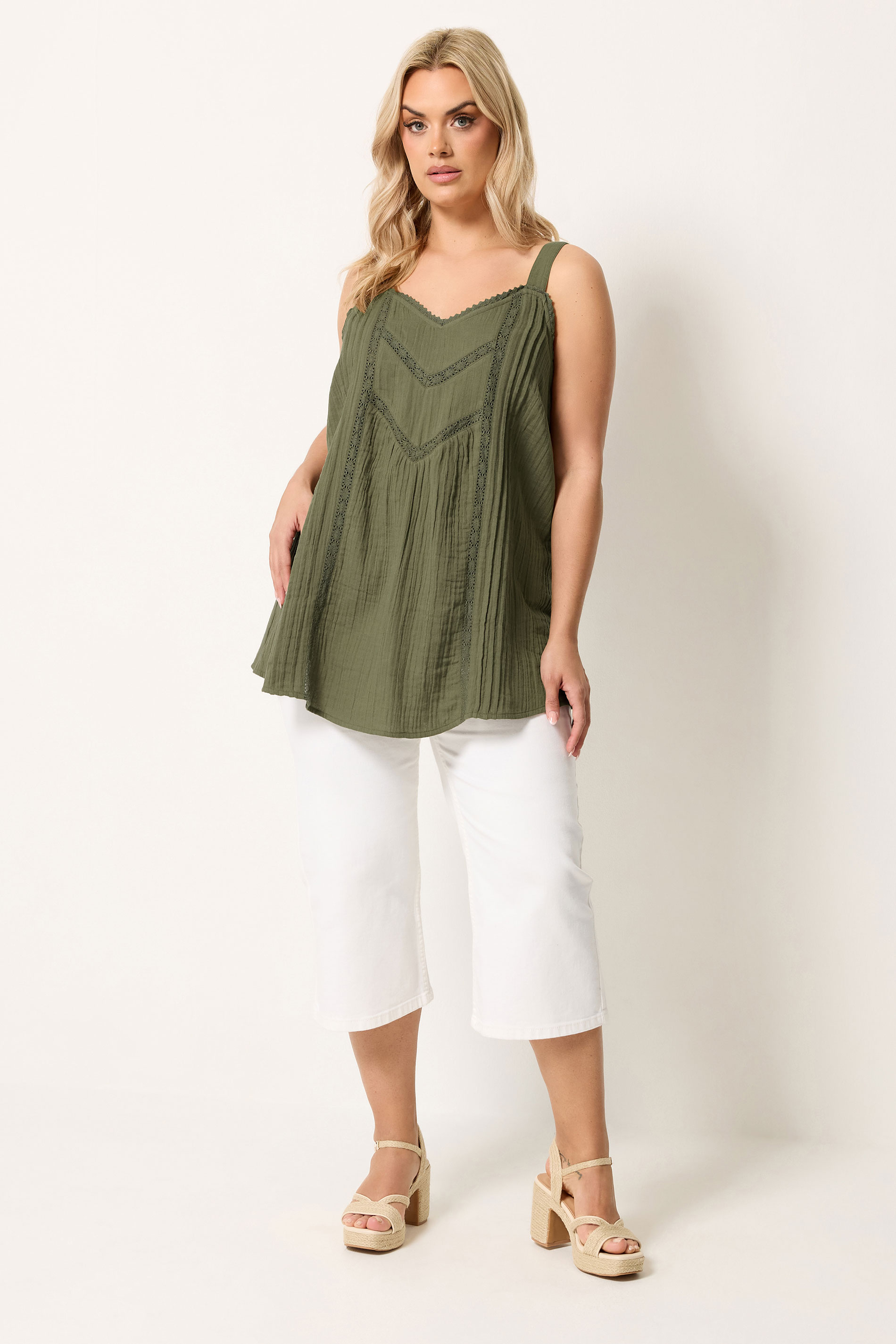 YOURS Plus Size Green Crochet Insert Vest Top | Yours Clothing 1