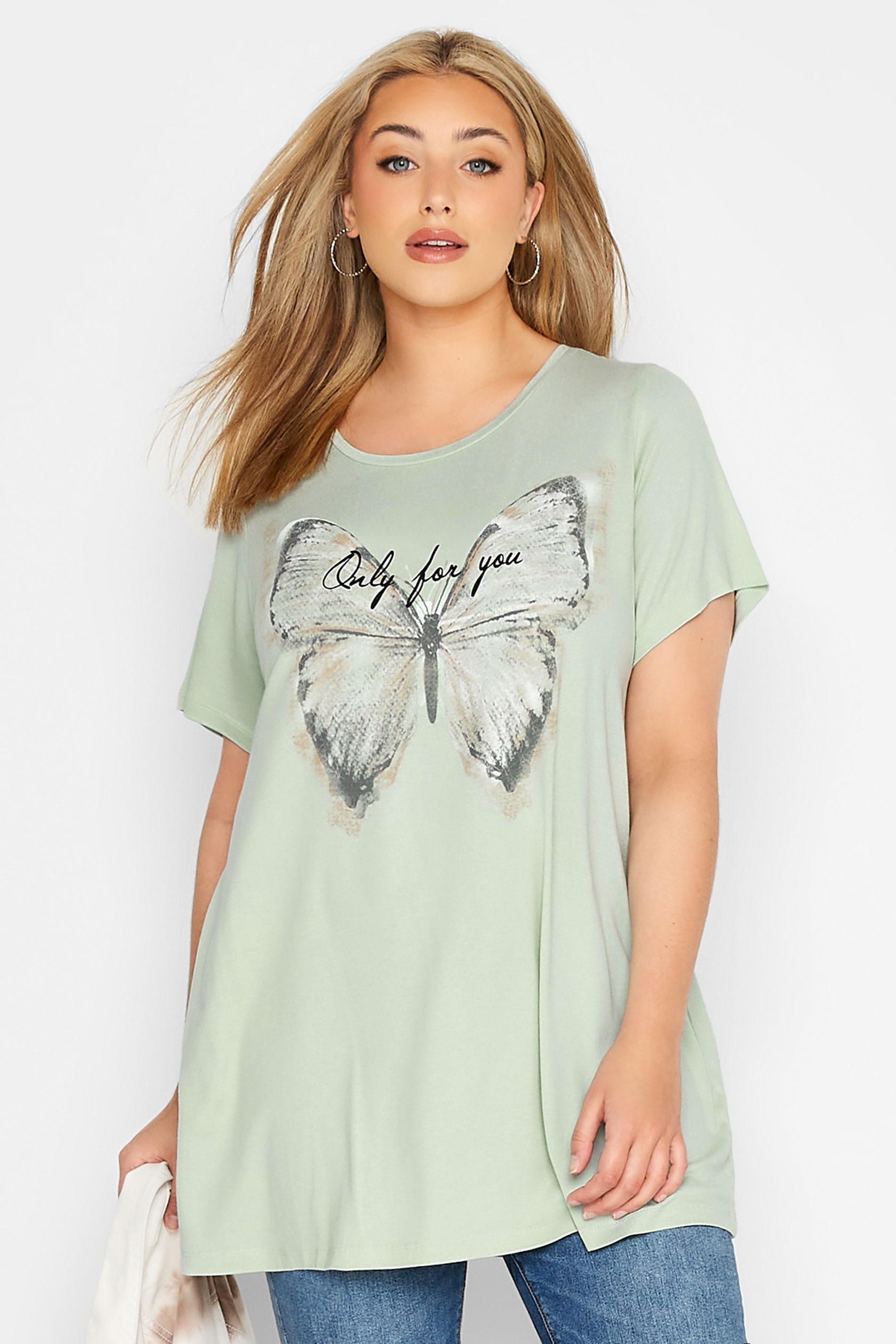 Grande taille  Tops Grande taille  Tops à Slogans | T-Shirt Vert Menthe Papillon 'Only For You' - NH68863