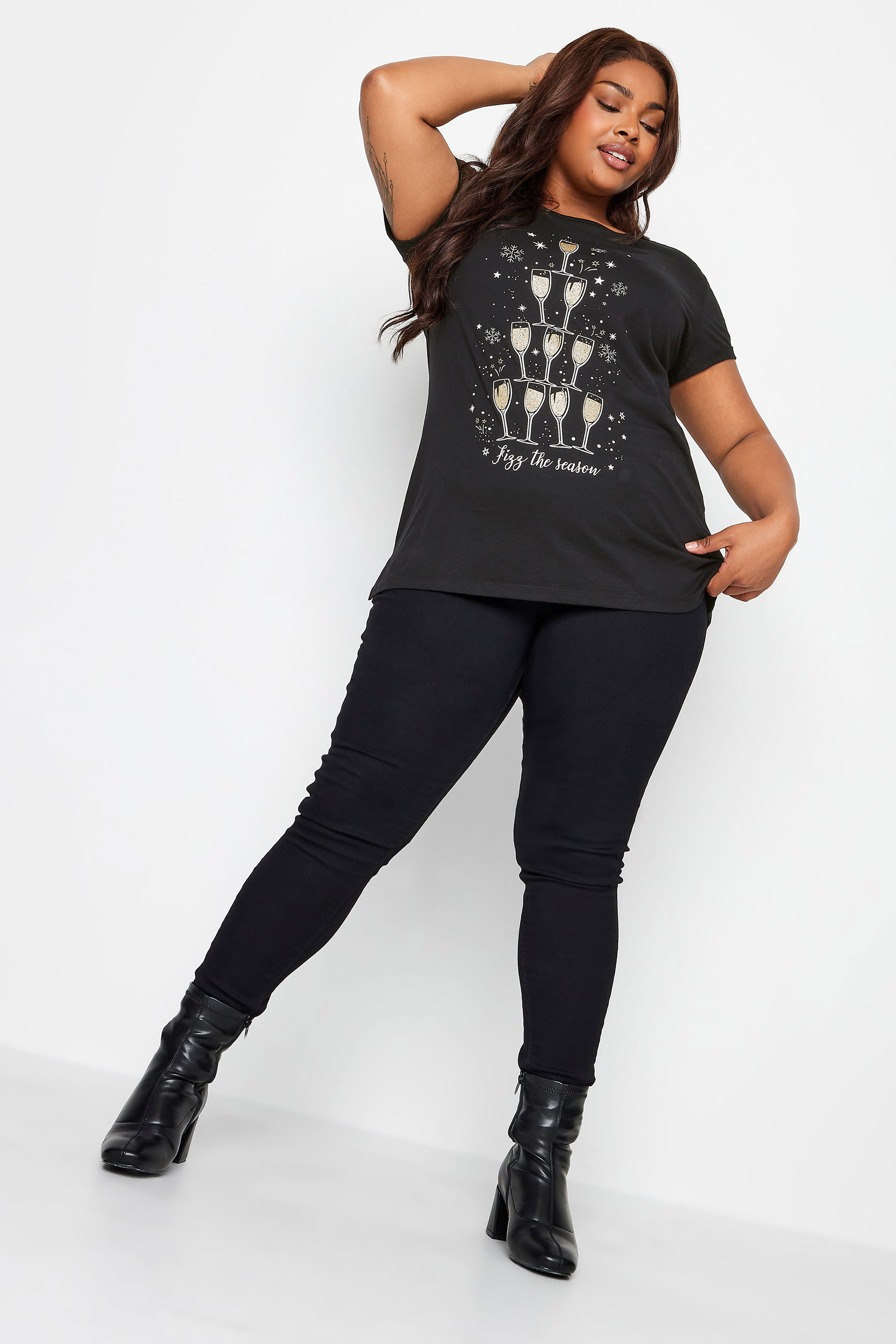 YOURS Plus Size 2 PACK Black 'Fizz The Season' Slogan Print T-Shirts | Yours Clothing 3