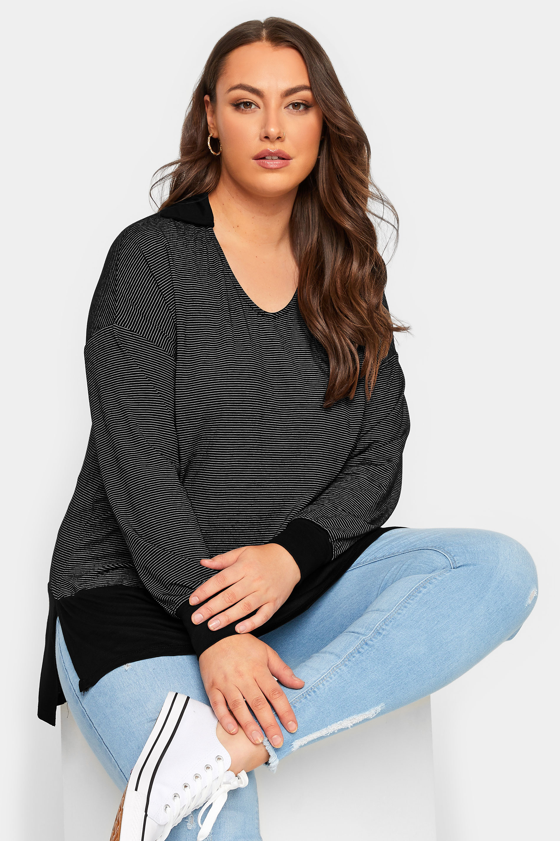 YOURS Plus Size Curve Black Stripe Polo Scoop Neck Top | Yours Clothing  1
