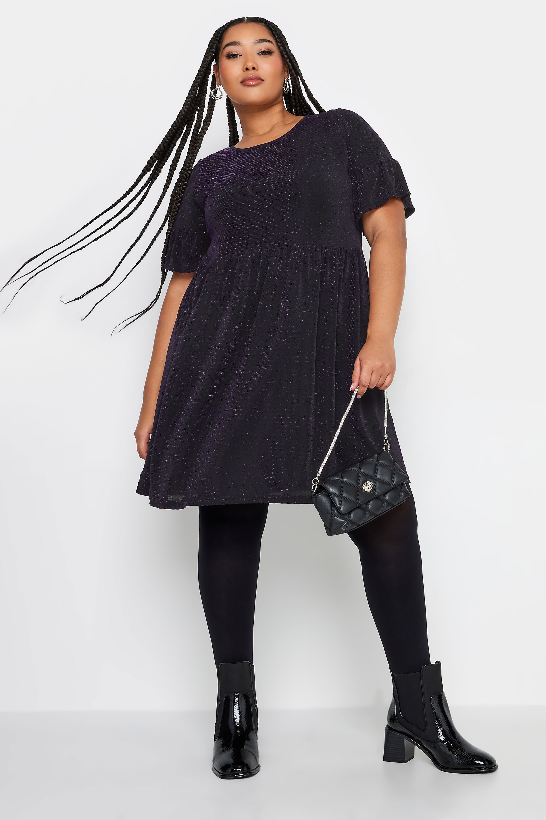 YOURS Curve Plus Size Black & Purple Glitter Frill Sleeve Tunic Dress | Yours Clothing  1