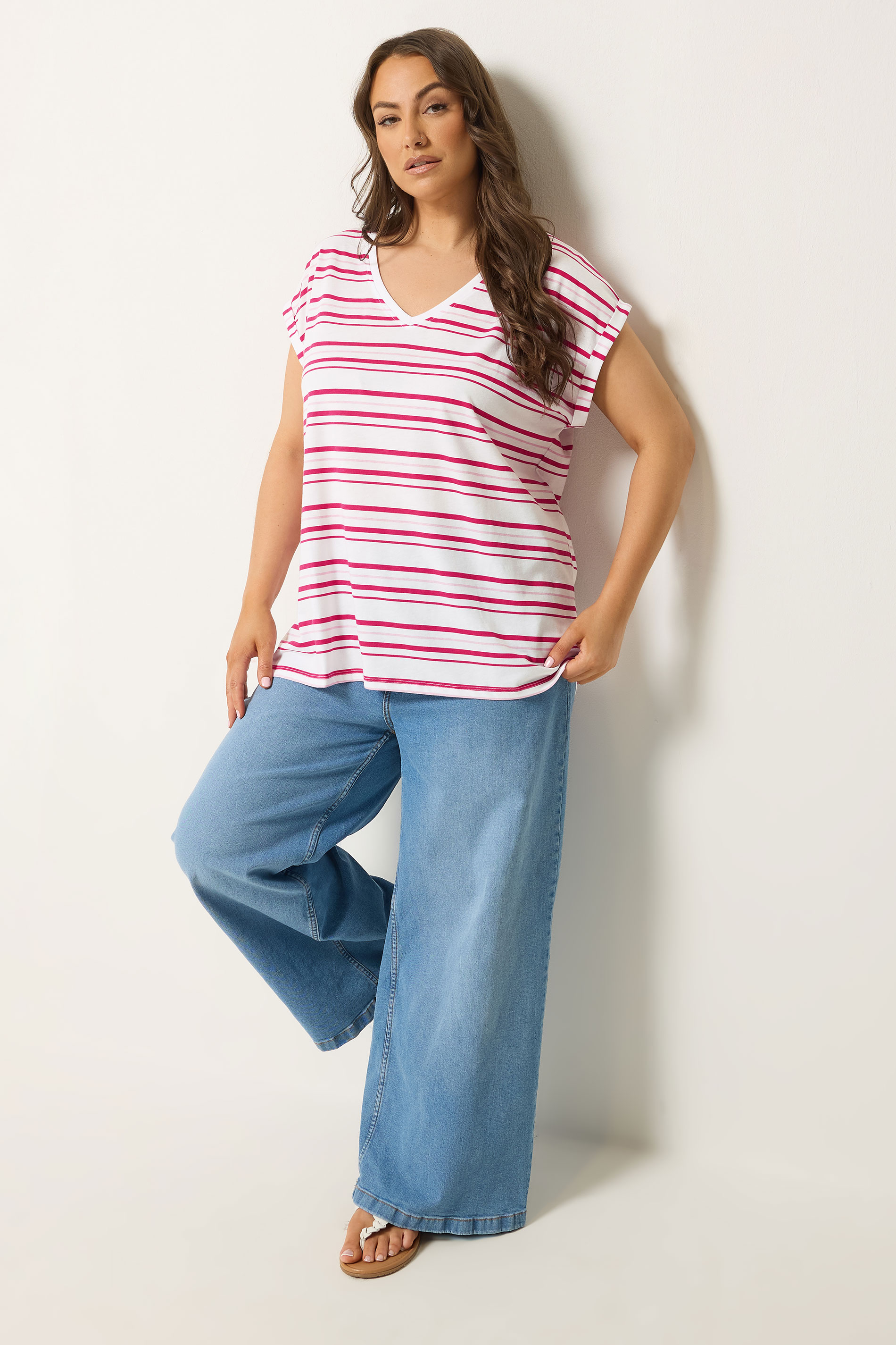 YOURS Plus Size White & Pink Stipe V-Neck T-Shirt | Yours Clothing 1