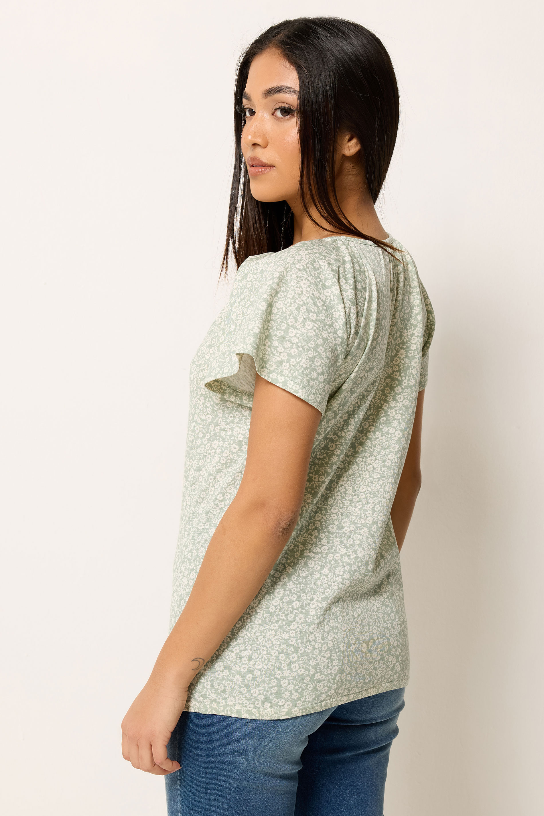 M&Co Petite Sage Green Floral Cotton Scoop Neck Top | M&Co 2