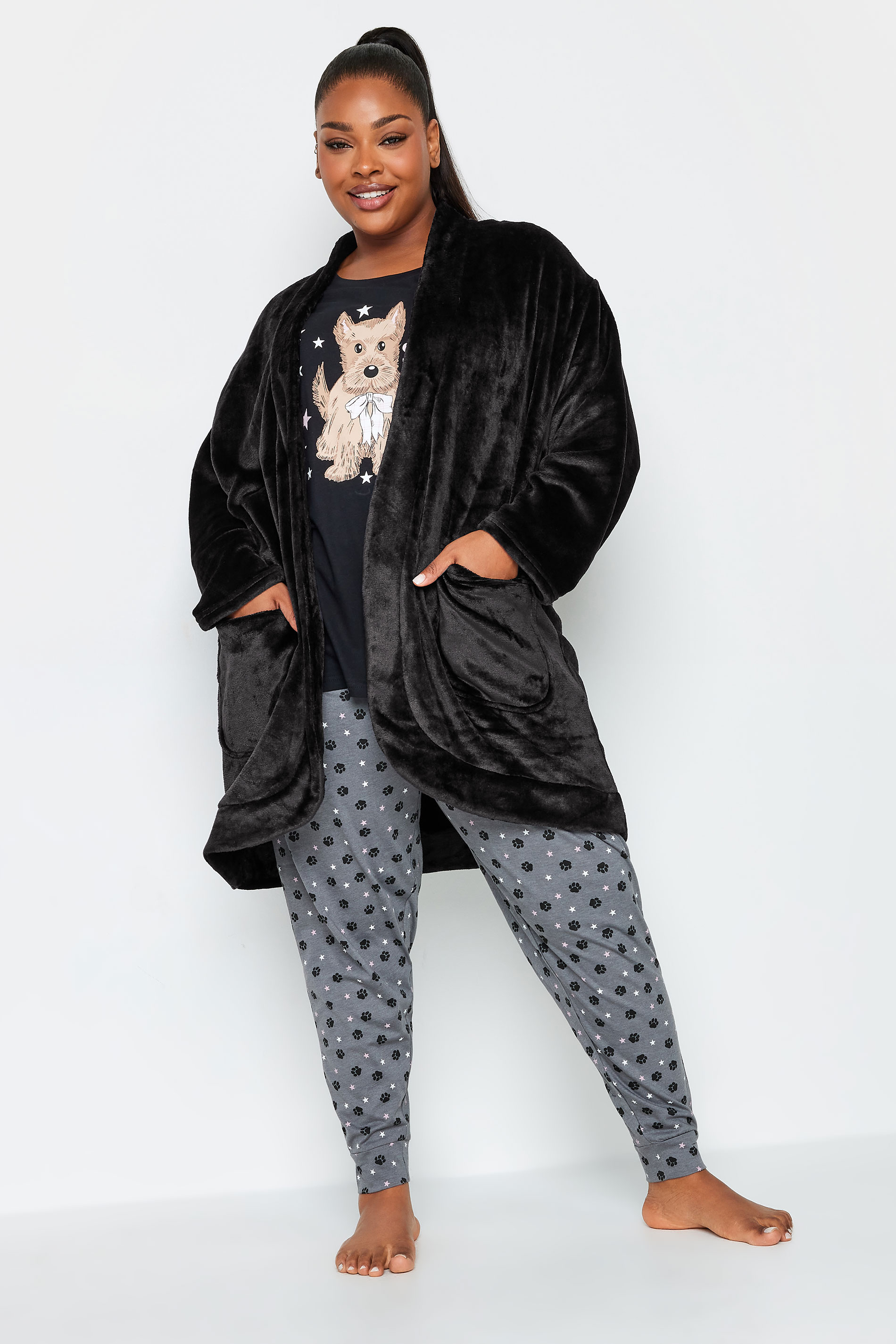 YOURS Plus Size Black Soft Touch Short Dressing Gown | Yours Clothing 1