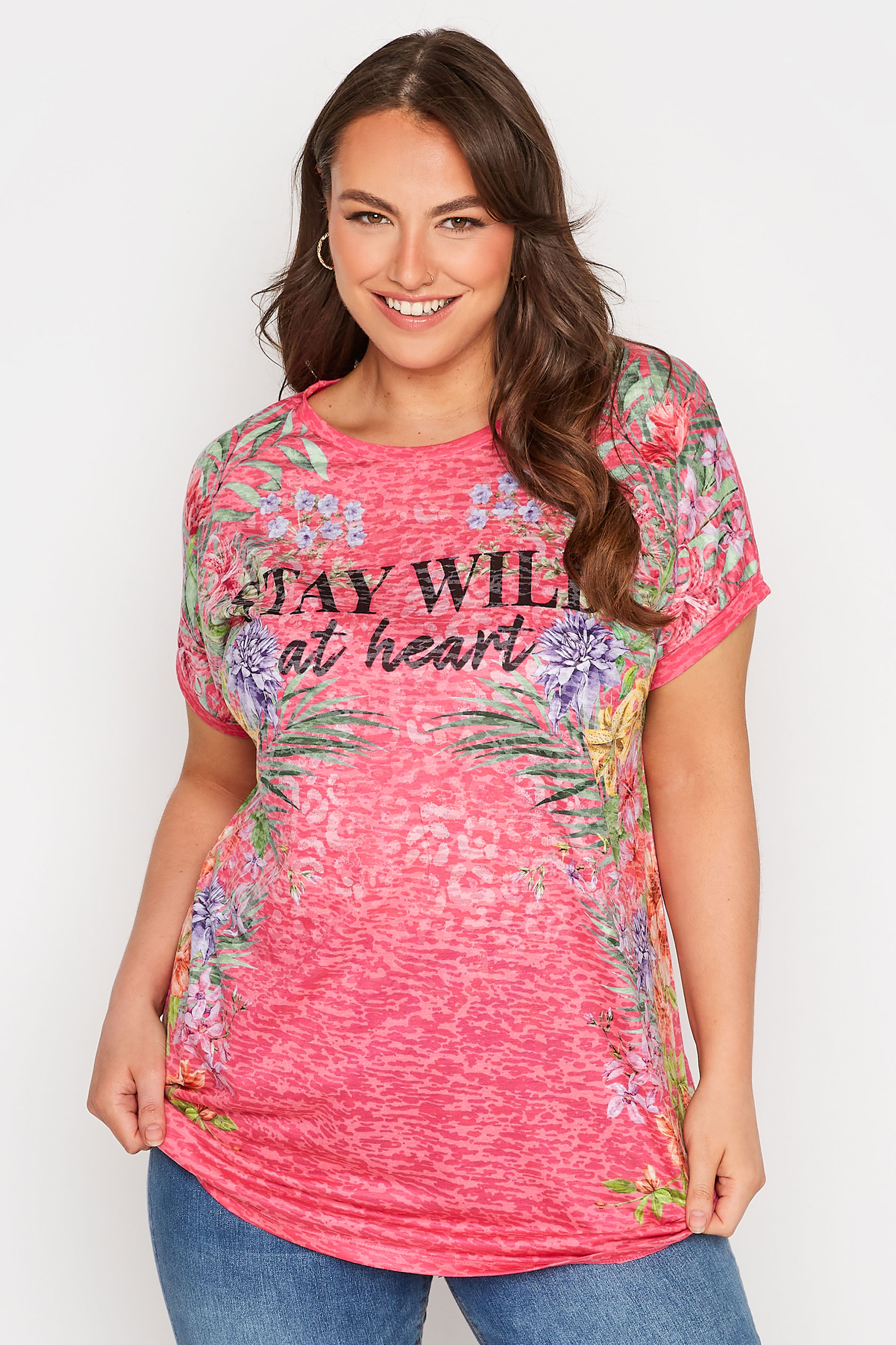 Plus Size Pink 'Stay Wild At Heart' Floral Printed Slogan T-Shirt | Yours Clothing 1