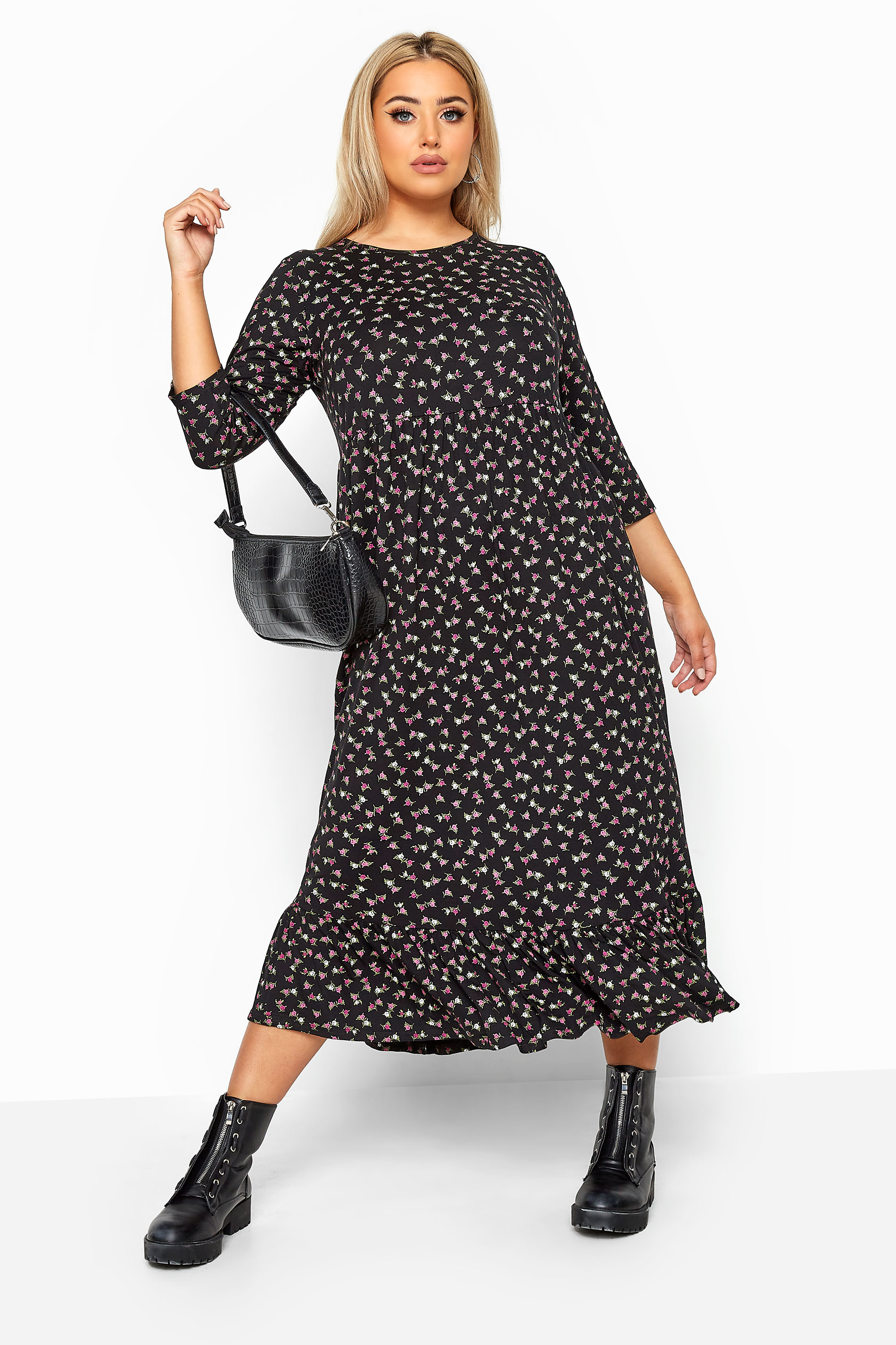 LIMITED COLLECTION Black Ditsy Midi Smock Dress | Yours Clothing