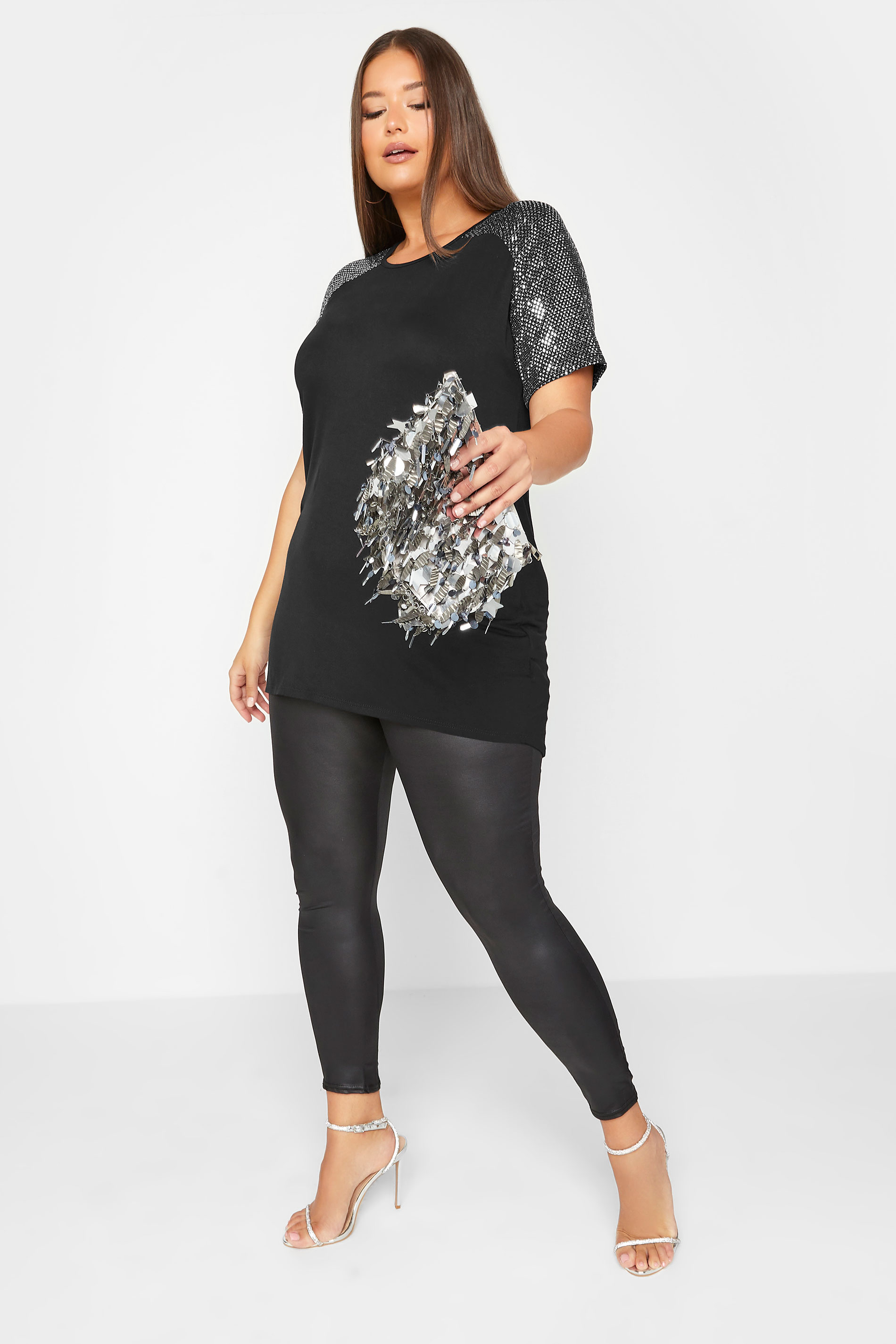 Plus Size Black & Silver Sequin Shoulder T-Shirt | Yours Clothing 2