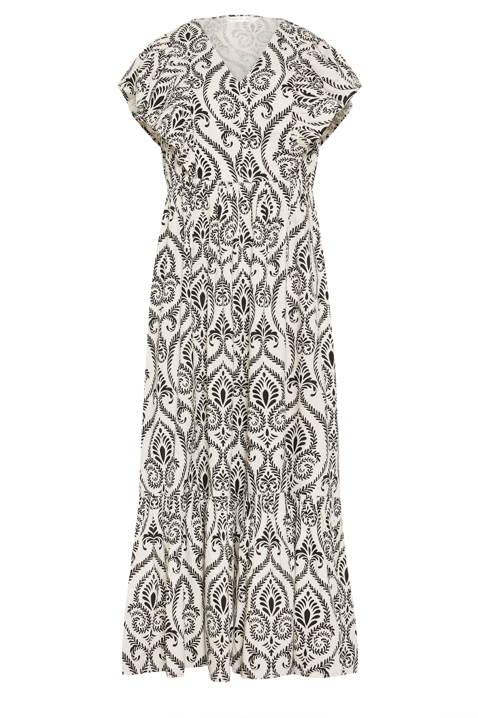 PixieGirl Petite Women's White Tile Print Tiered Maxi Dress | PixieGirl 6