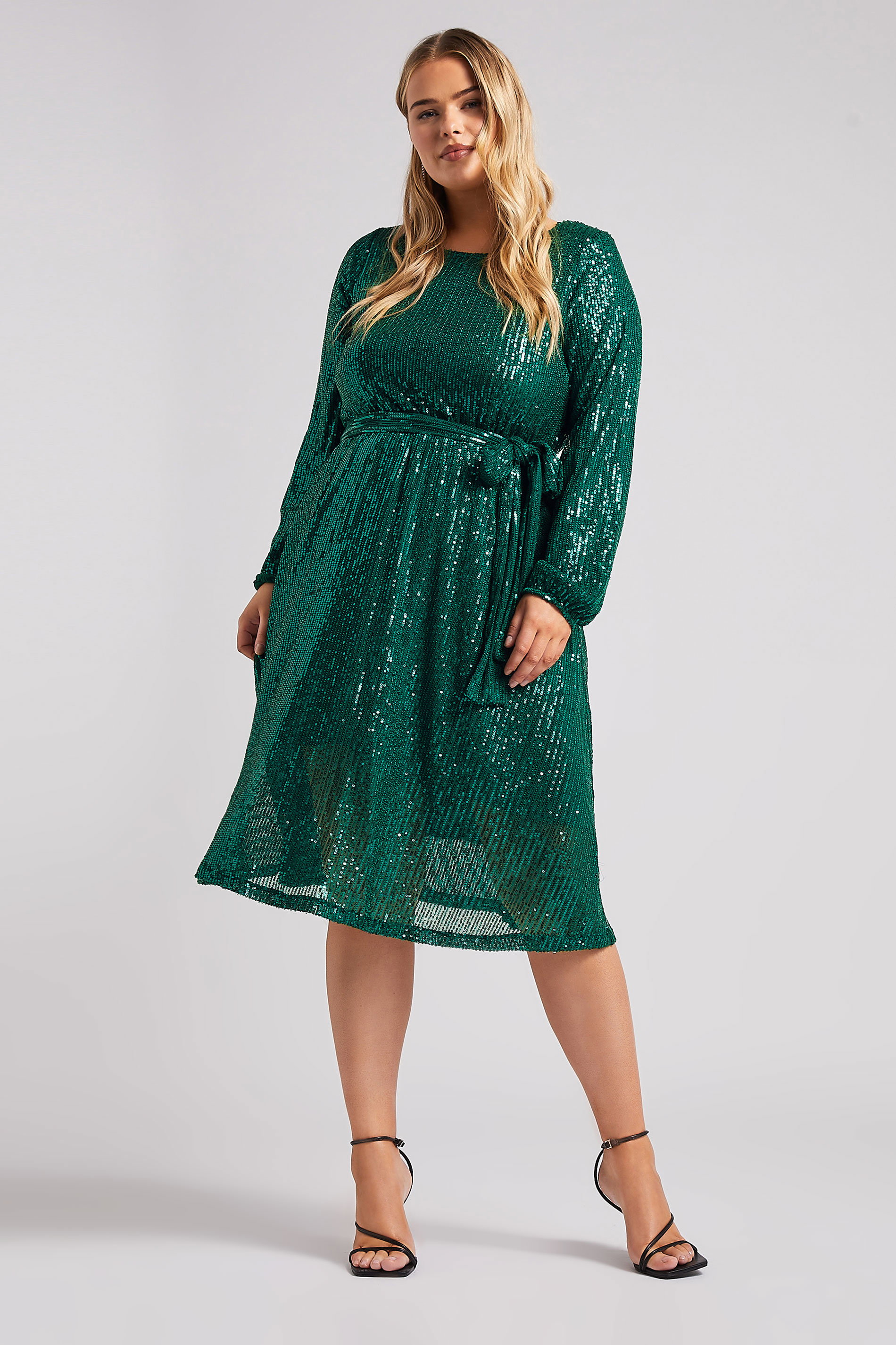 Yours Clothing London Plus Size Womens Green Sequin Skater Midi Dress - Size 16 - Plus Size Dresses