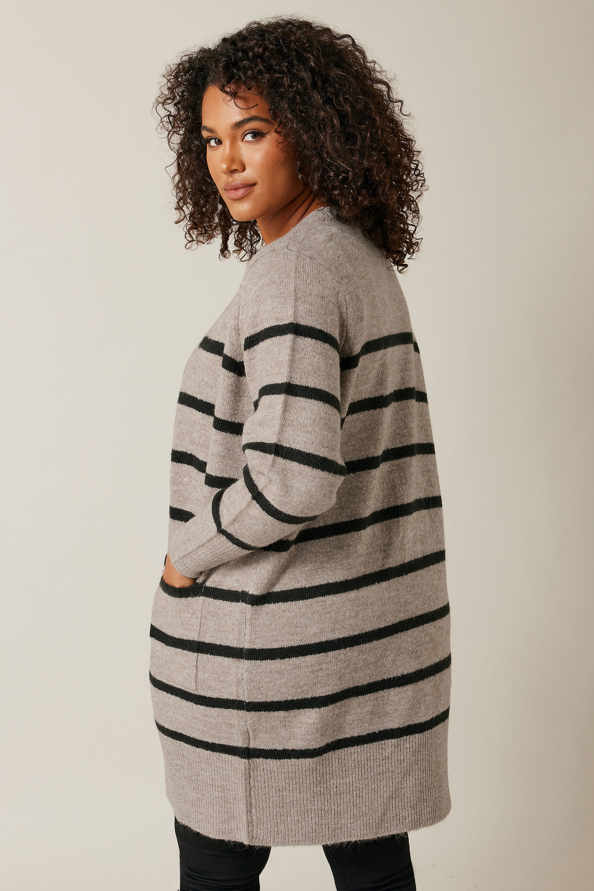 EVANS Plus Size Beige Brown Stripe Knitted Cardigan | Evans 2