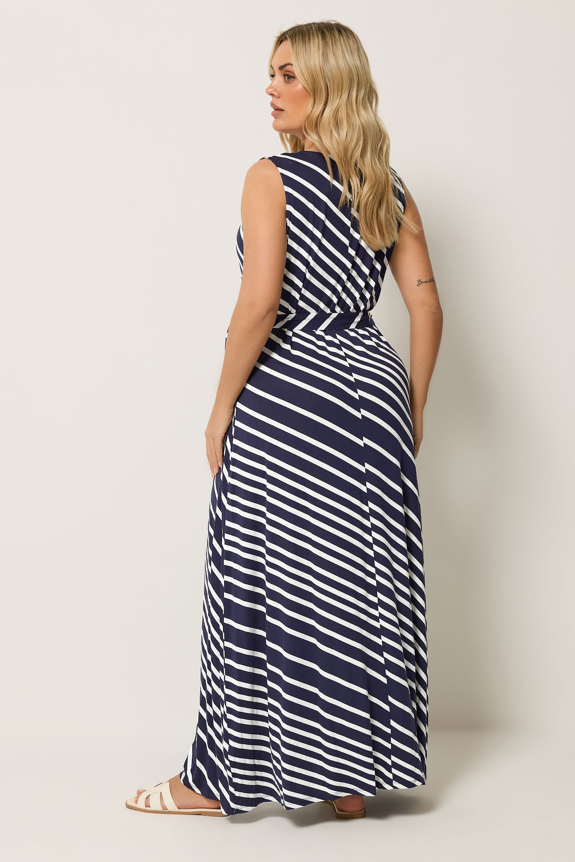 YOURS Plus Size Blue Strip Sleeveless Wrap Dress | Yours 2