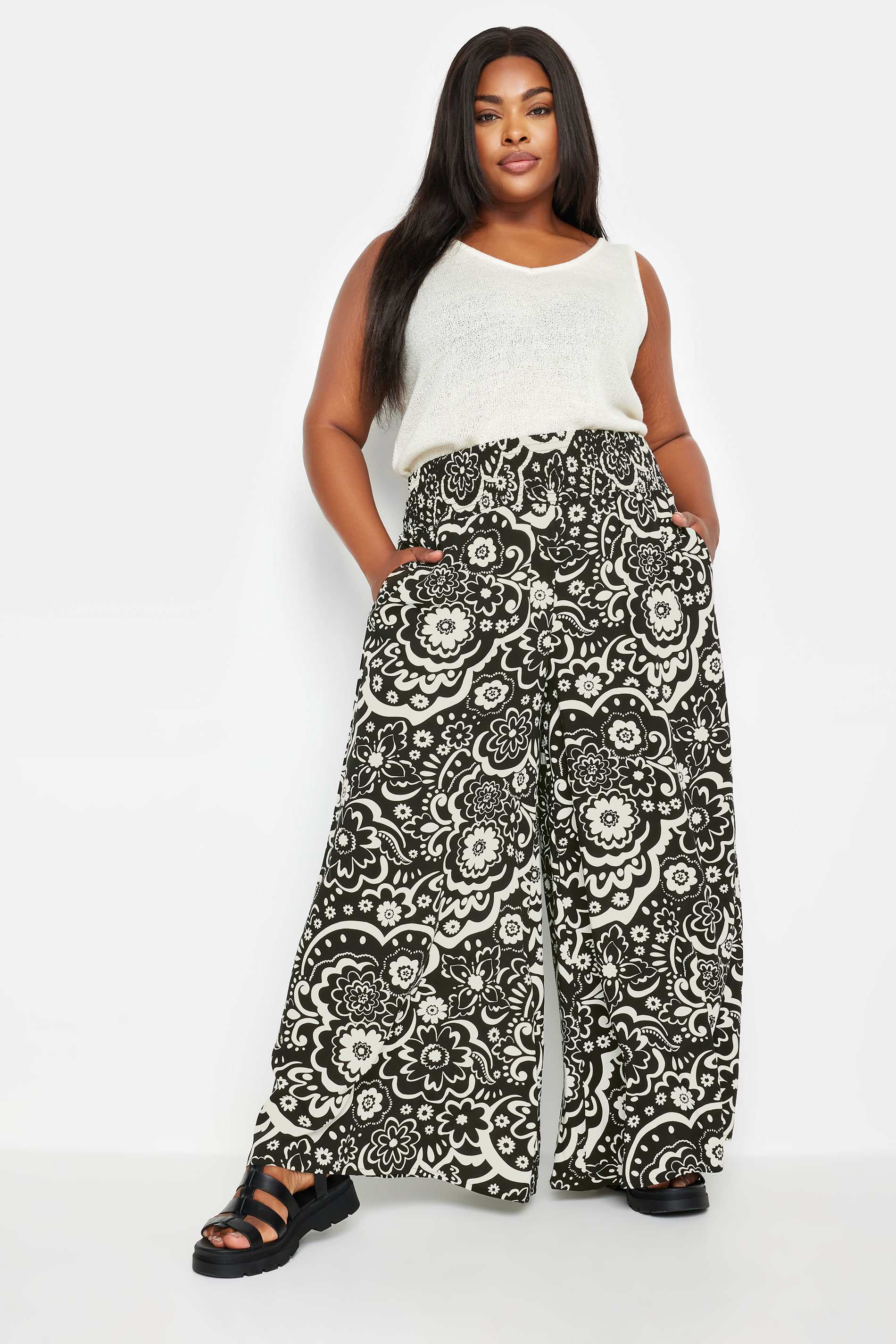 YOURS Plus Size Black Floral Print Shirred Wide Leg Trousers | Yours Clothing 2