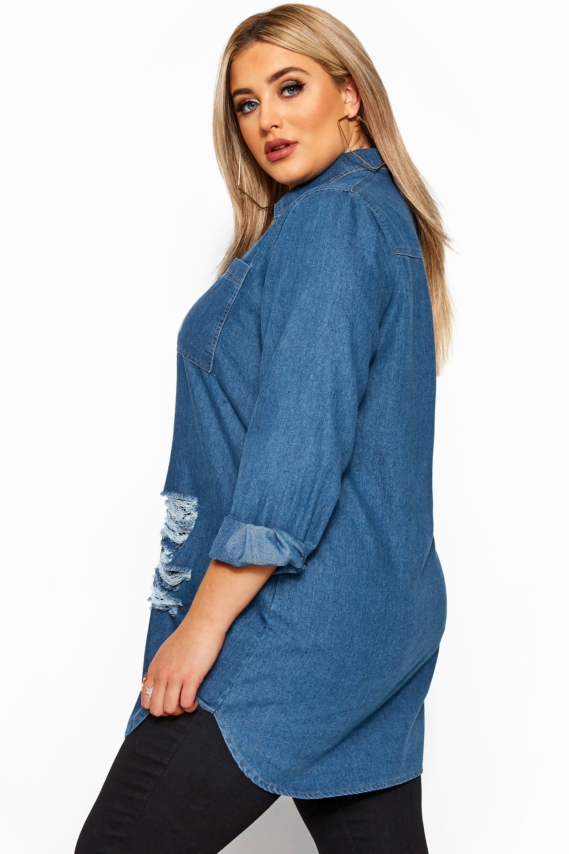 Mid Blue Distressed Denim Shirt | Yours 